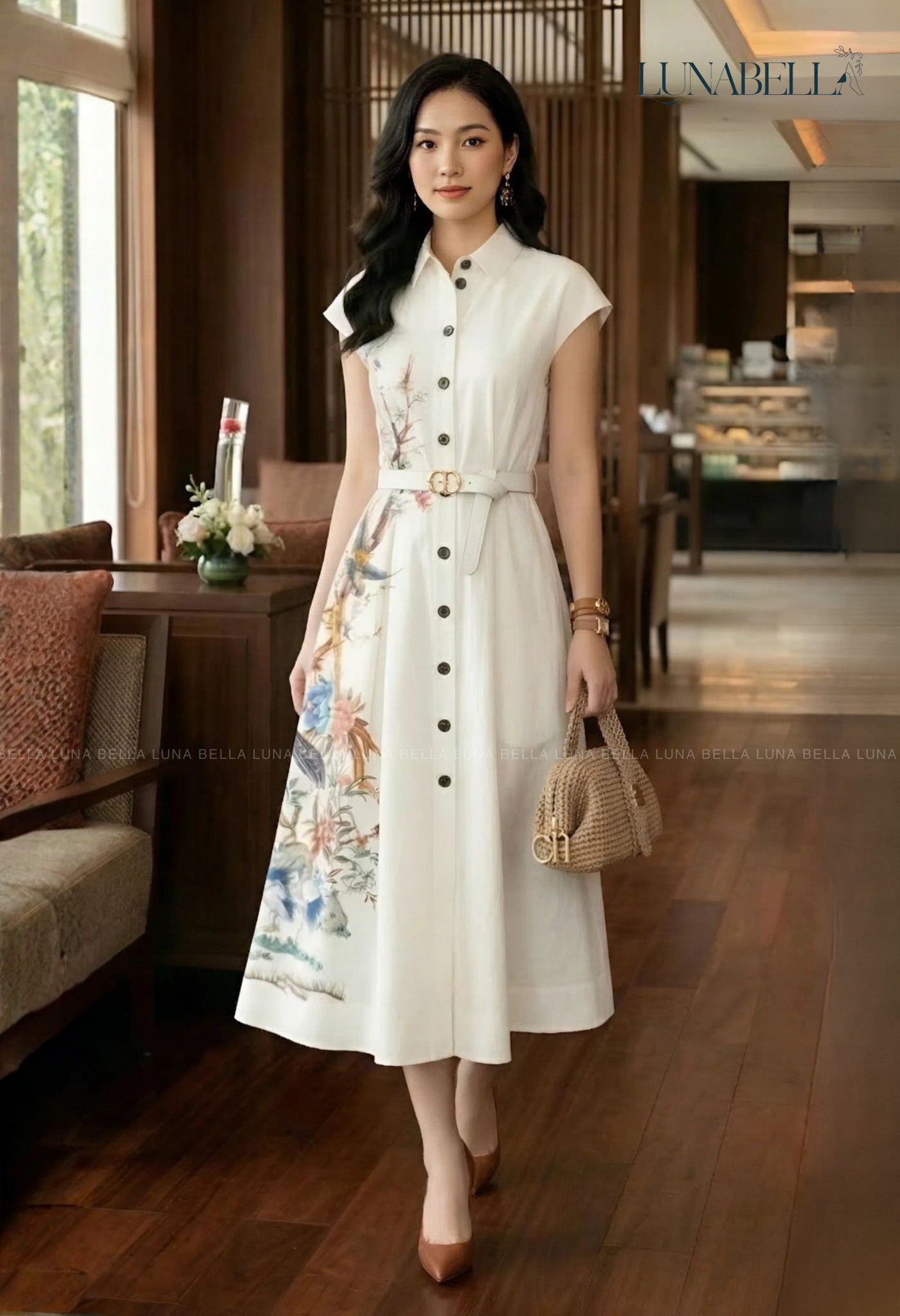 Váy sơ mi liền dáng dài SCARLET màu TRẮNG