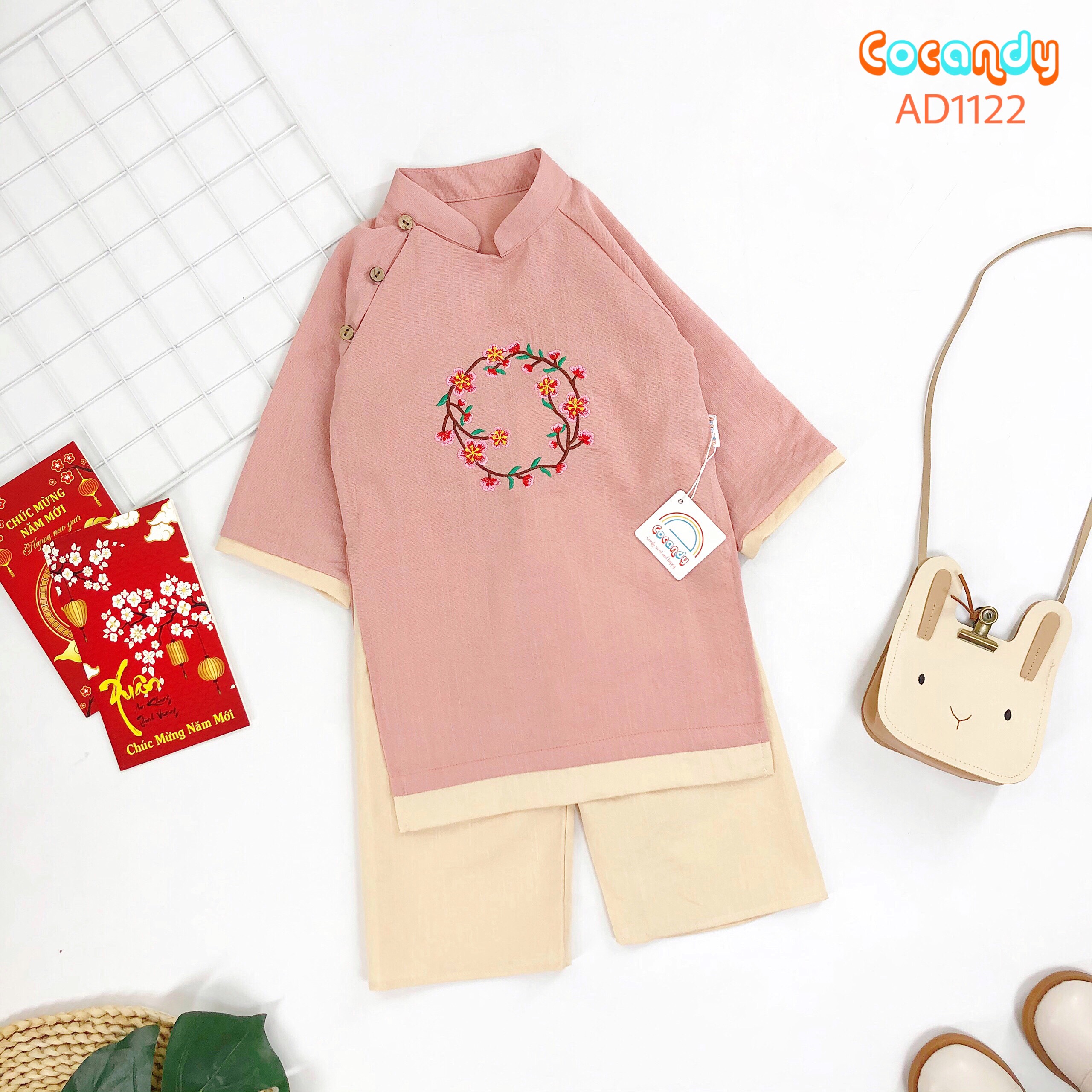 Set áo dài HỒNG thêu hoa đào