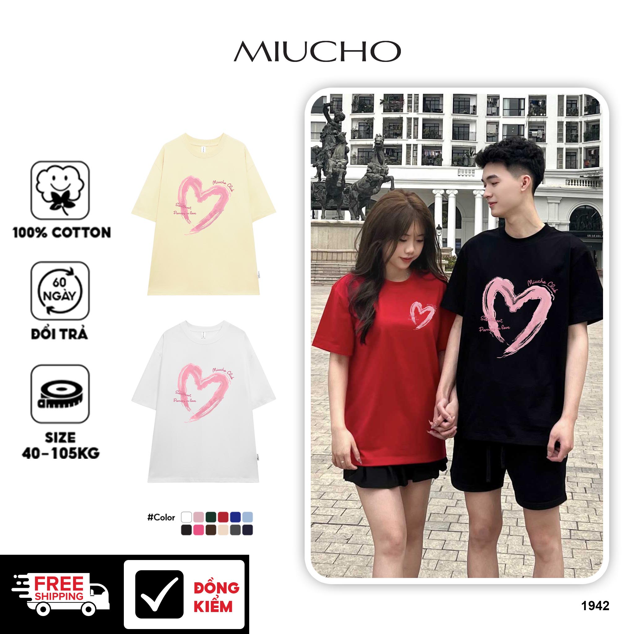 Áo thun cặp nam nữ trái tim form rộng 1941 Miucho cổ tròn vải 4c cotton 220gsm thoáng mát in mix