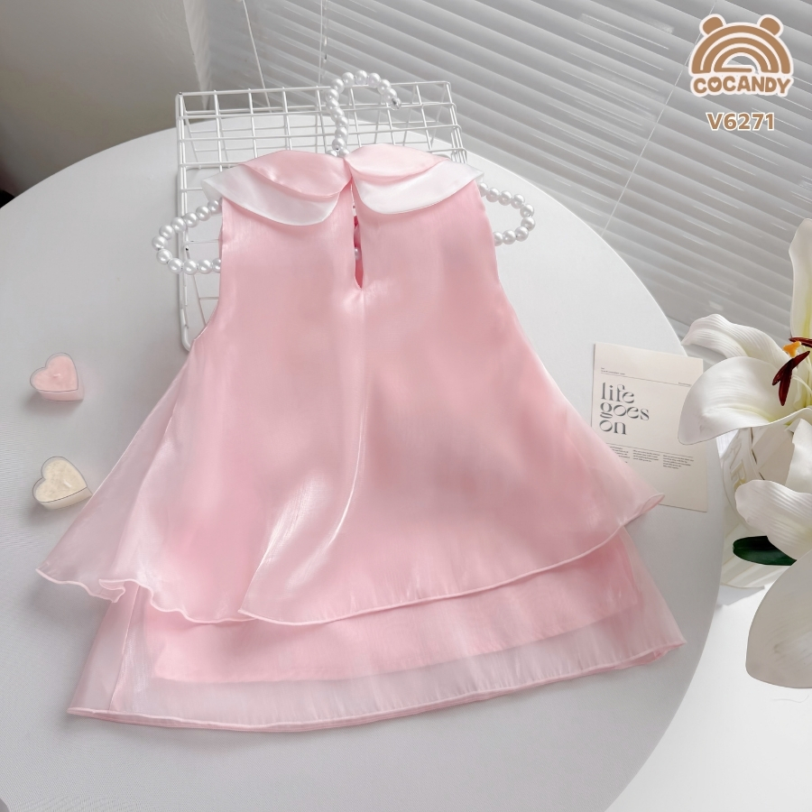 Váy sát nách tơ HỒNG phối cổ nơ nụ hoa_thumbnail_1