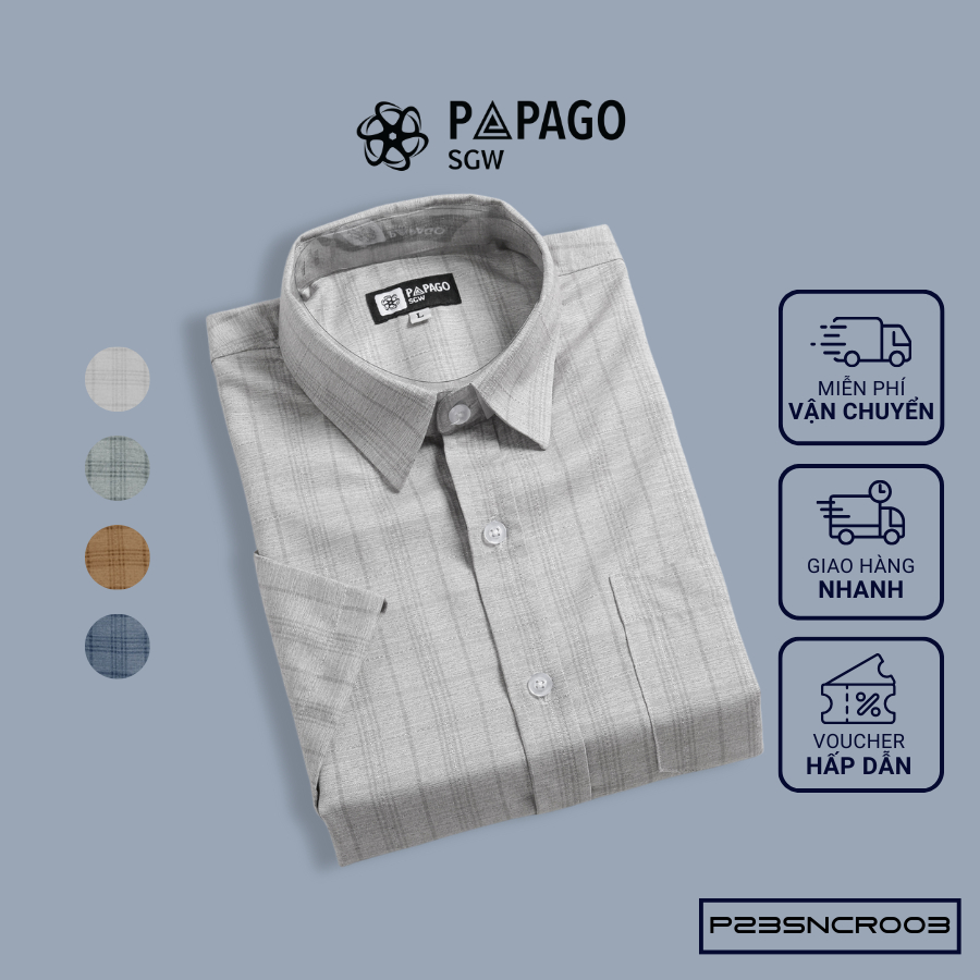 Áo sơ mi nam trung niên PAPAGO tay ngắn lai bầu sọc caro xô đũi mềm mịn cao cấp - P23SNCR003_thumbnail_2