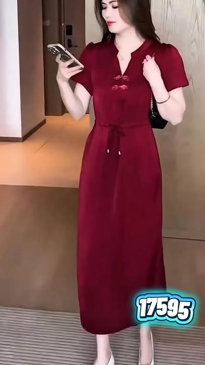 17595-Đầm suông lụa đỏ đô eo thắt dây rút ( lụa tằm gãy)