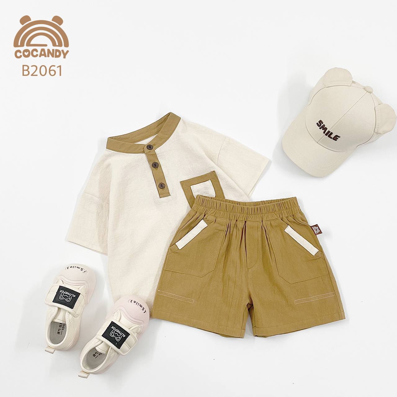 Bộ cộc áo BE quần NÂU cổ tròn_thumbnail_0