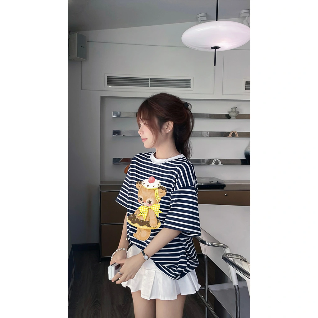 Áo thun boxy nữ Miucho vải borip mềm mại thoáng mát gấu dễ thương sọc mix màu in artwork 2731_thumbnail_3