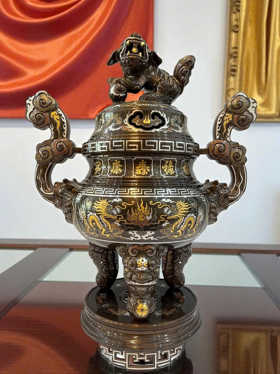 Bộ đồ thờ ngũ sự cao 70cm khảm ngũ sắc kỹ đúc đồng đỏ _thumbnail_2