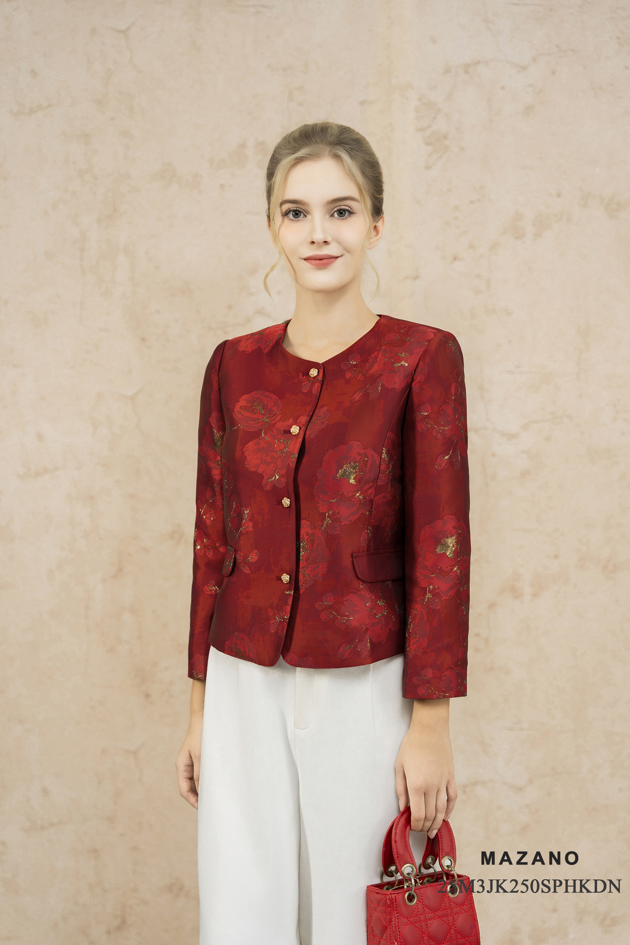 Áo khoác ngắn Vải Tafta Họa tiết hoa mẫu đơn Cổ tròn Tay dài Dài qua eo