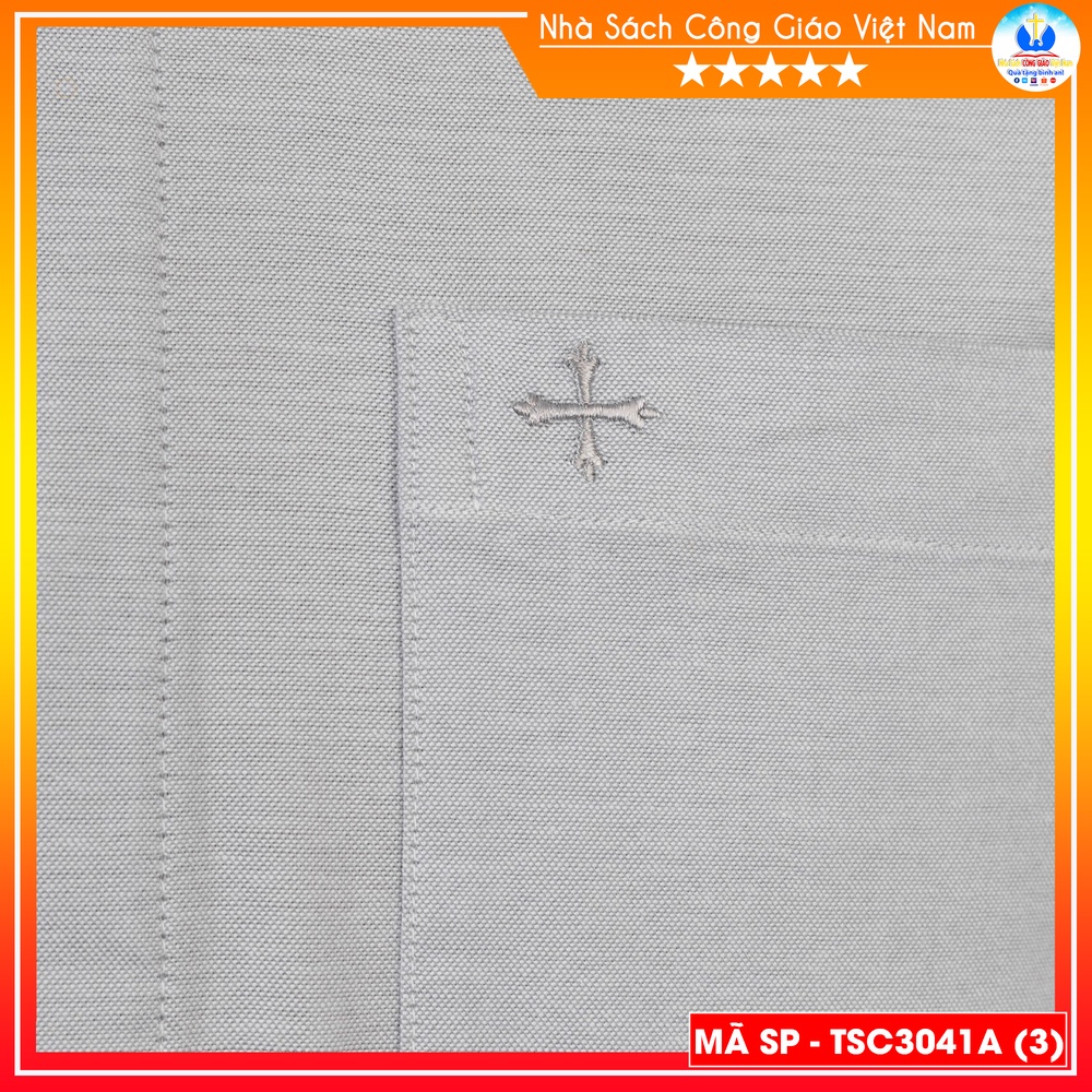Áo Sơ Mi cổ côn linh mục ngắn tay màu ghi cotton TSC3041A- Quà tặng  Lễ quan thầy, truyền chức, sinh nhật cha xứ_thumbnail_7