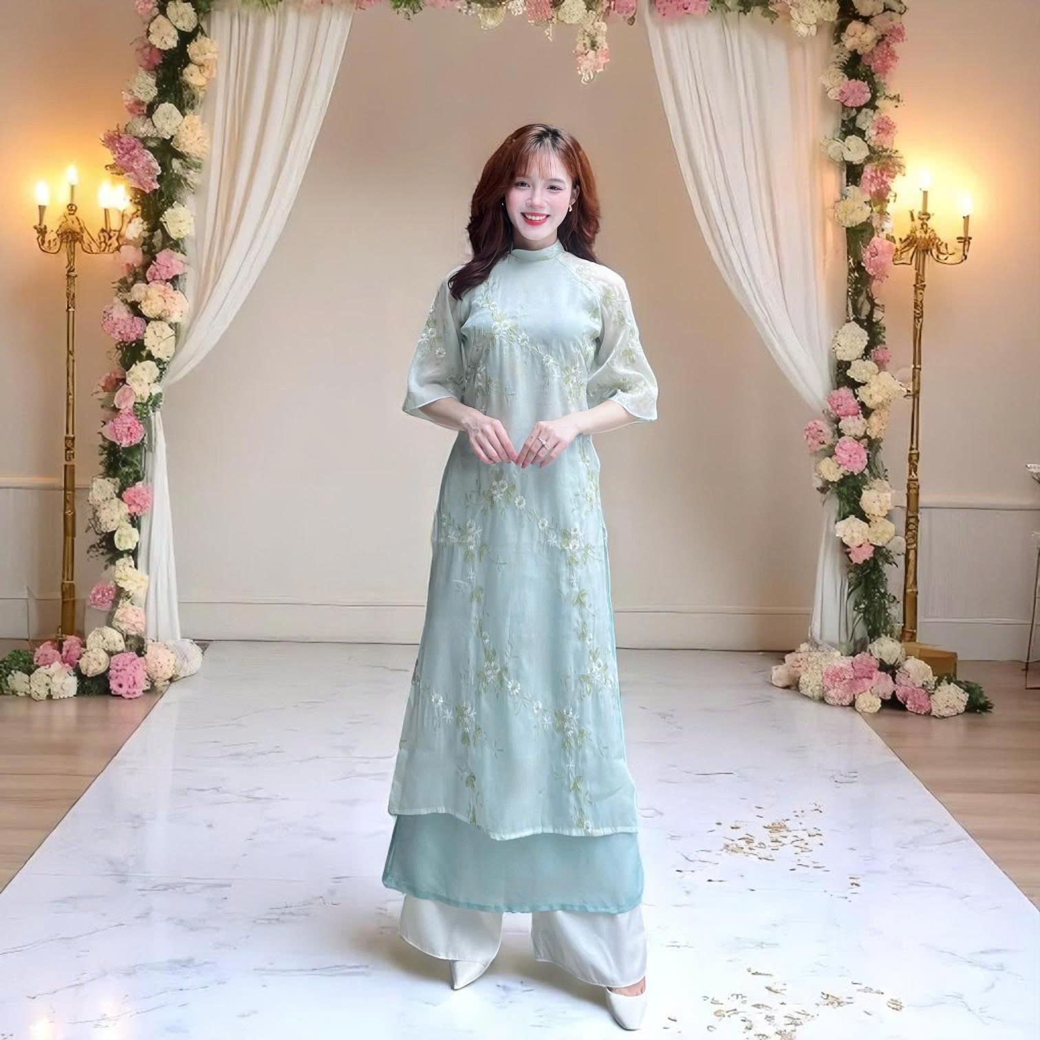 Áo Dài Cách Tân Nữ Dáng Suông 4 Tà Tay Ngắn Voan Thêu Mặc Tết Chụp Ảnh MM03