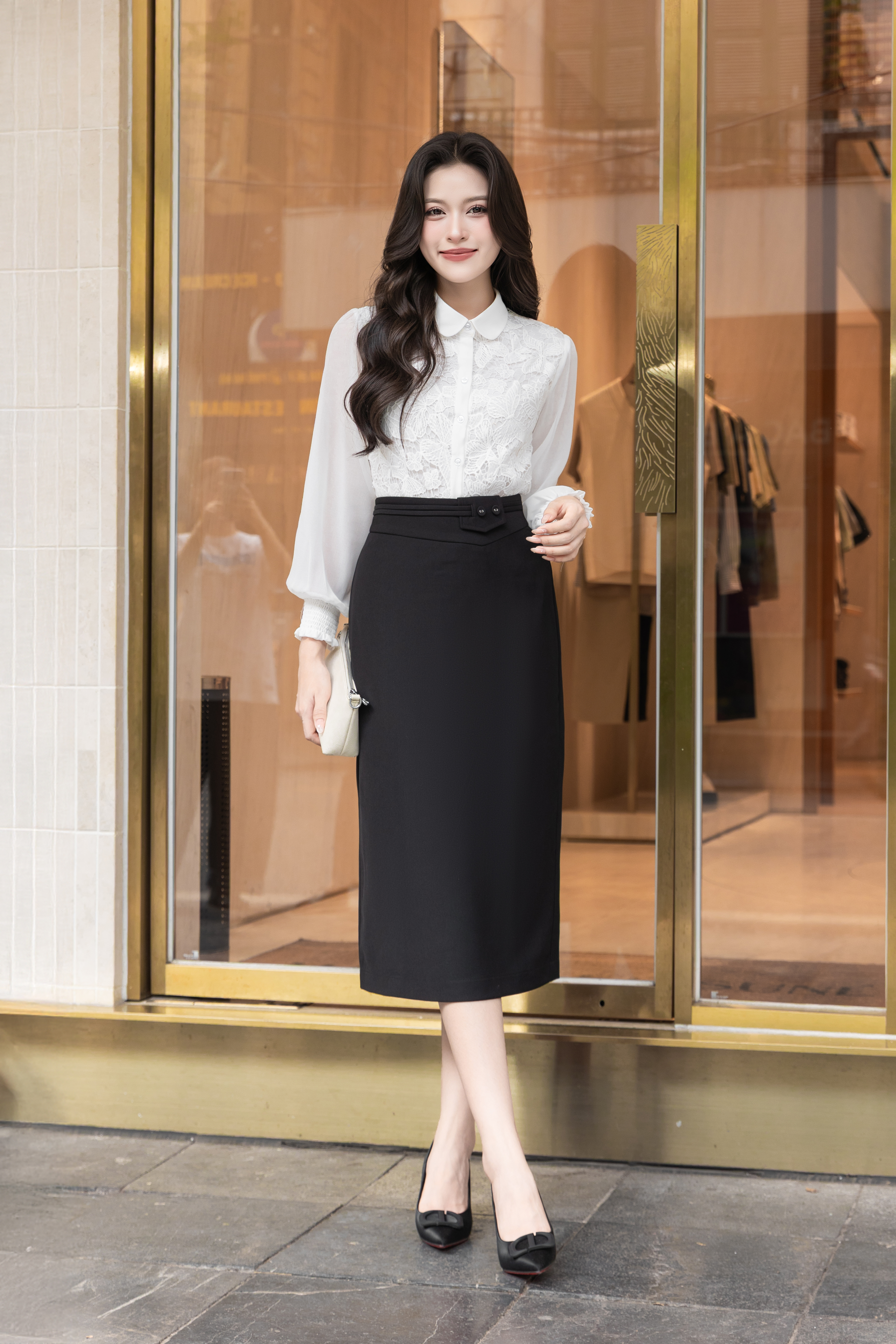 Áo sơ mi ren trắng tay phối A4211