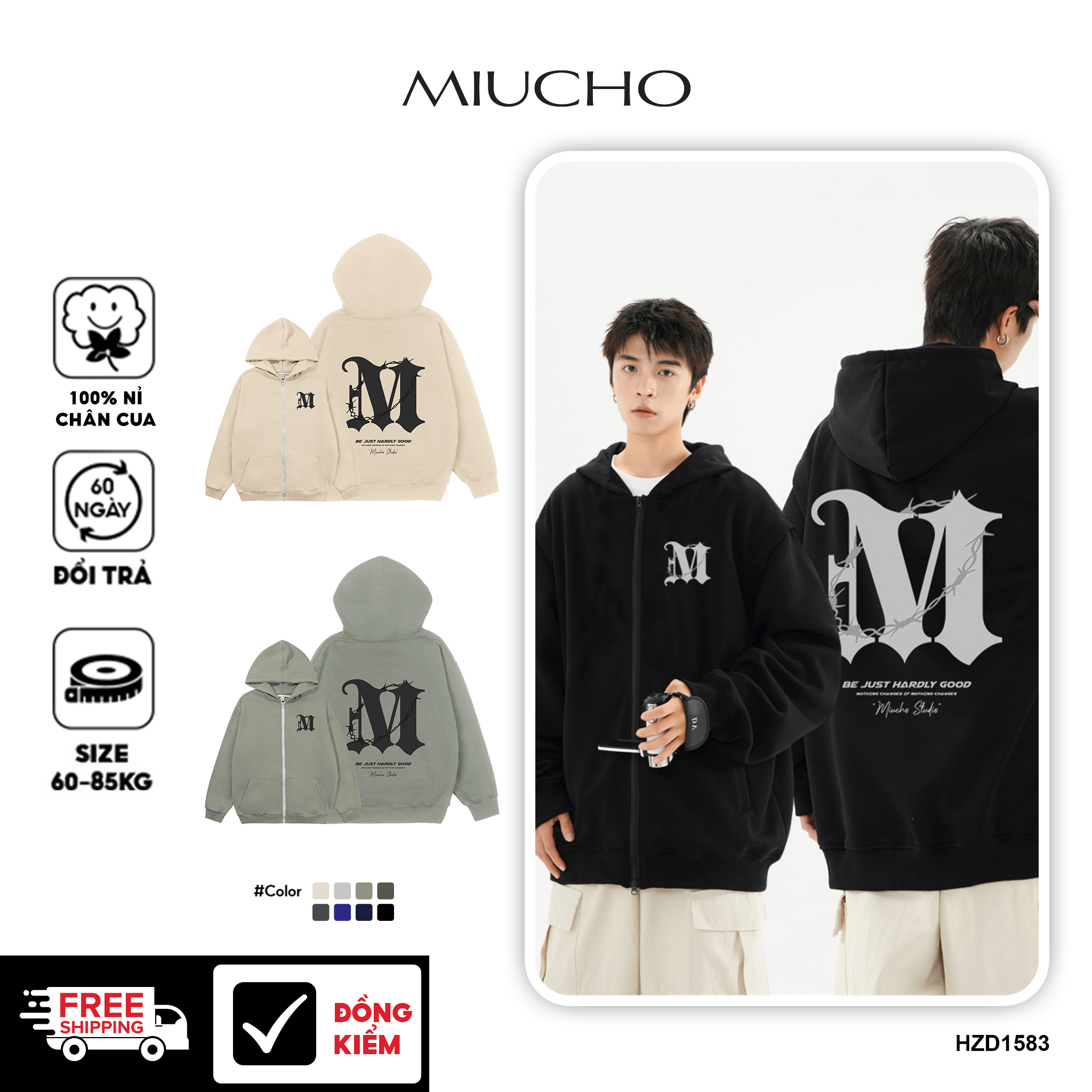 Áo hoodie zip nam local brand form rộng HZD1583 Miucho Club vải nỉ chân cua dày dặn mũ rộng in mix