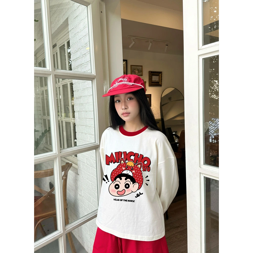 Áo thun boxy tay dài phối cổ be đỏ hoạt hình dễ thương Miucho vải dày dặn thoáng mát 2979_thumbnail_2