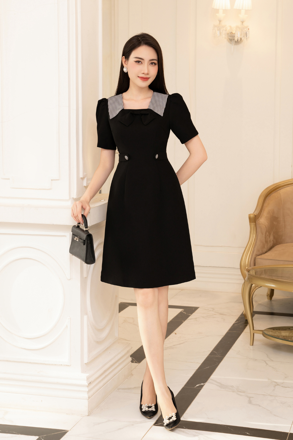 Đầm xòe đen 1 màu phối cổ phối kẻ đen trắng_thumbnail_2