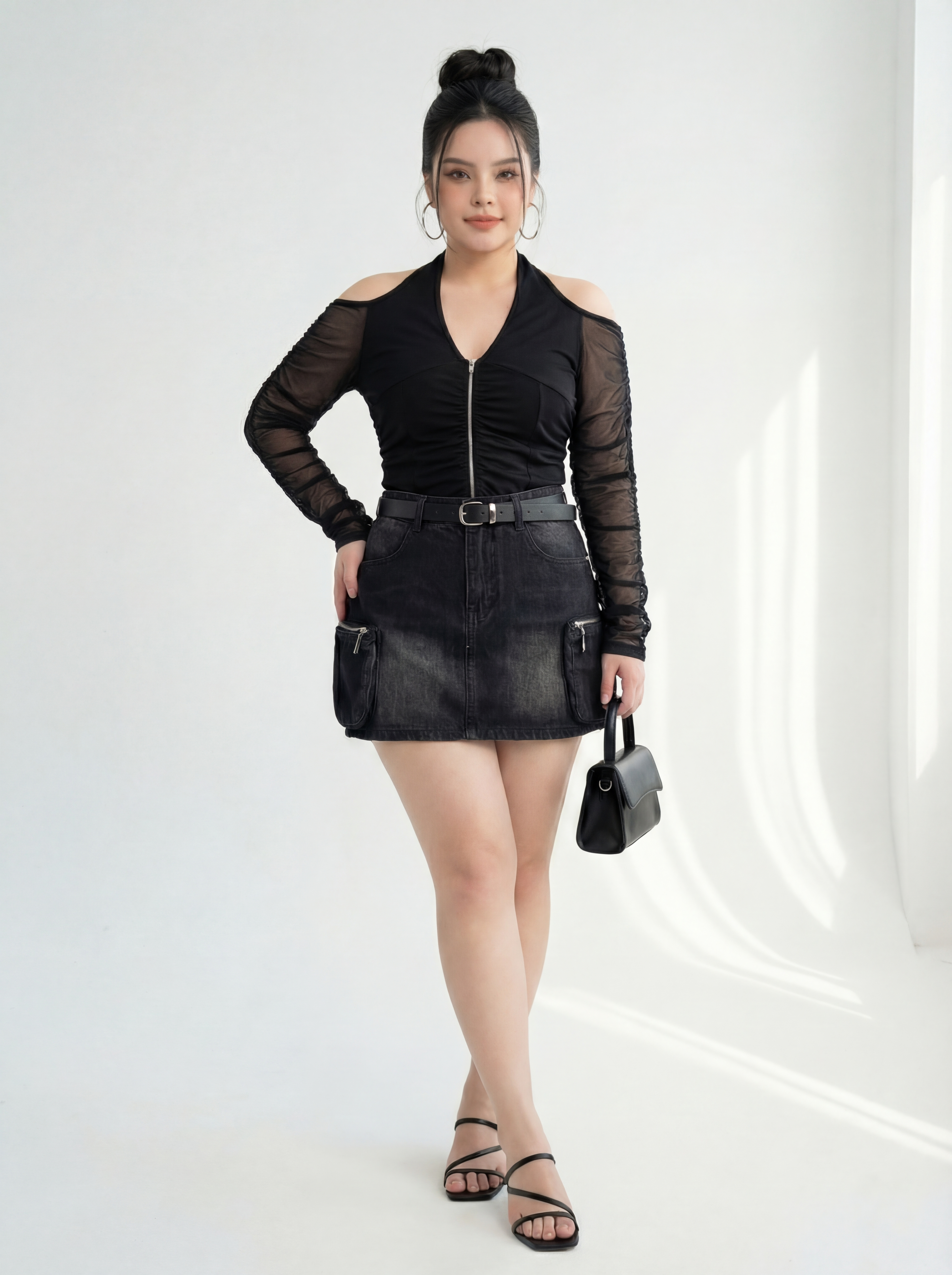 Áo lưới tay dài nhún phối dây kéo bigsize AT212 dành cho nàng béo mập từ 55-90kg