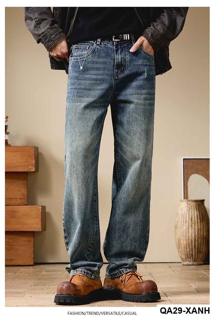 Quần Jean Nam Mùa Thu 2025 – Mùa Xuân Thu, Quần Ống Rộng Giản Dị, Retro Mỹ Cao Cấp, Thiết Kế Đã Giặt