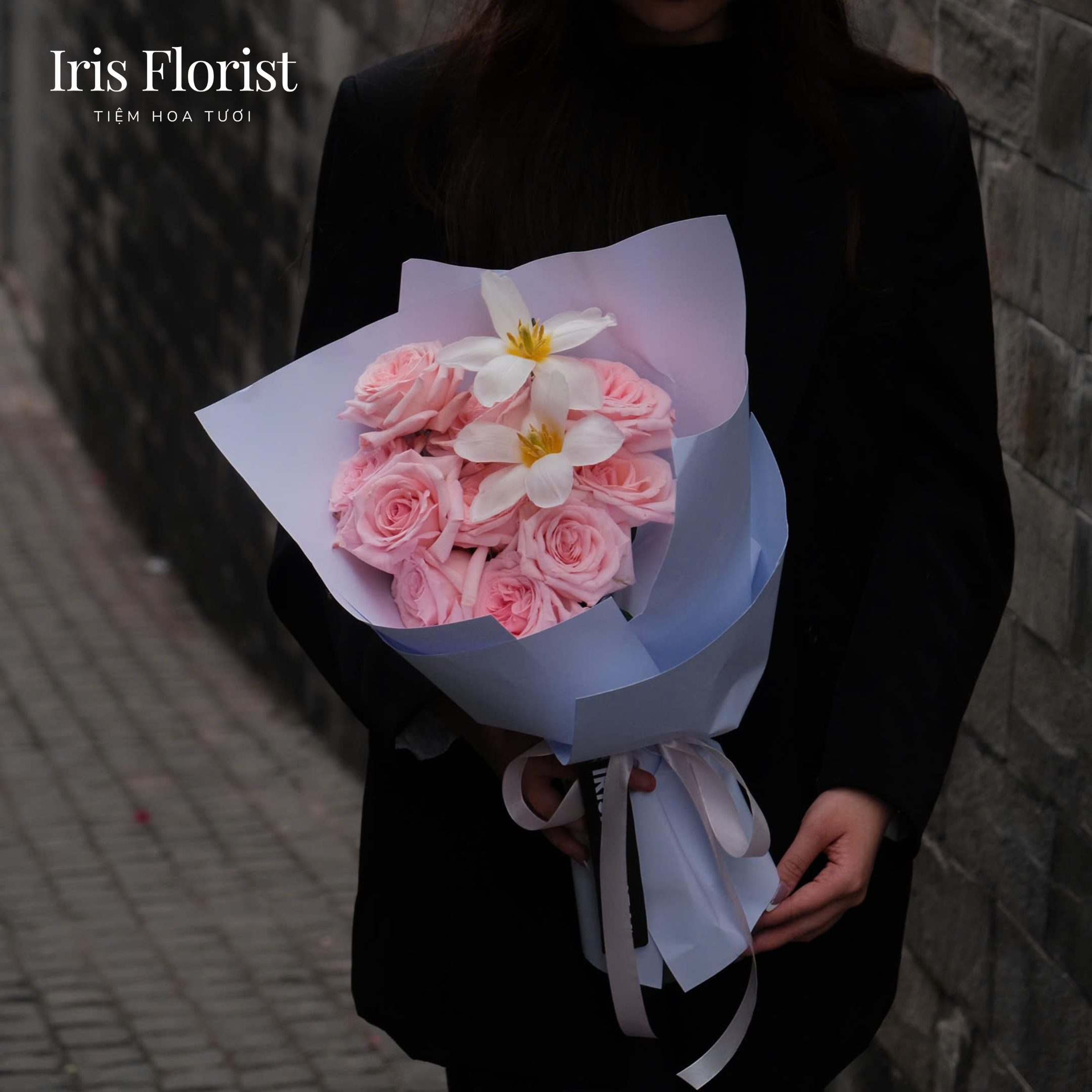 Bó hồng Ohara mix tulip trắng