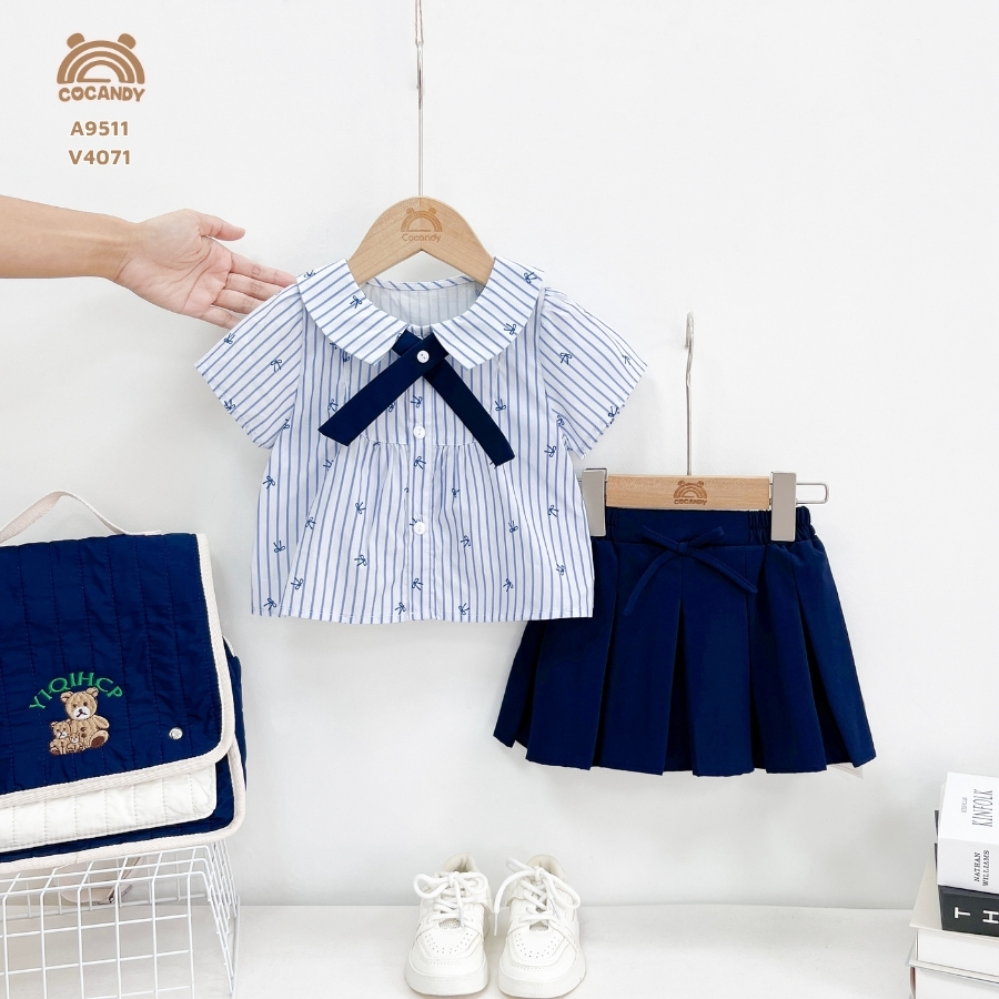 Áo cộc kẻ XANH họa tiết nơ