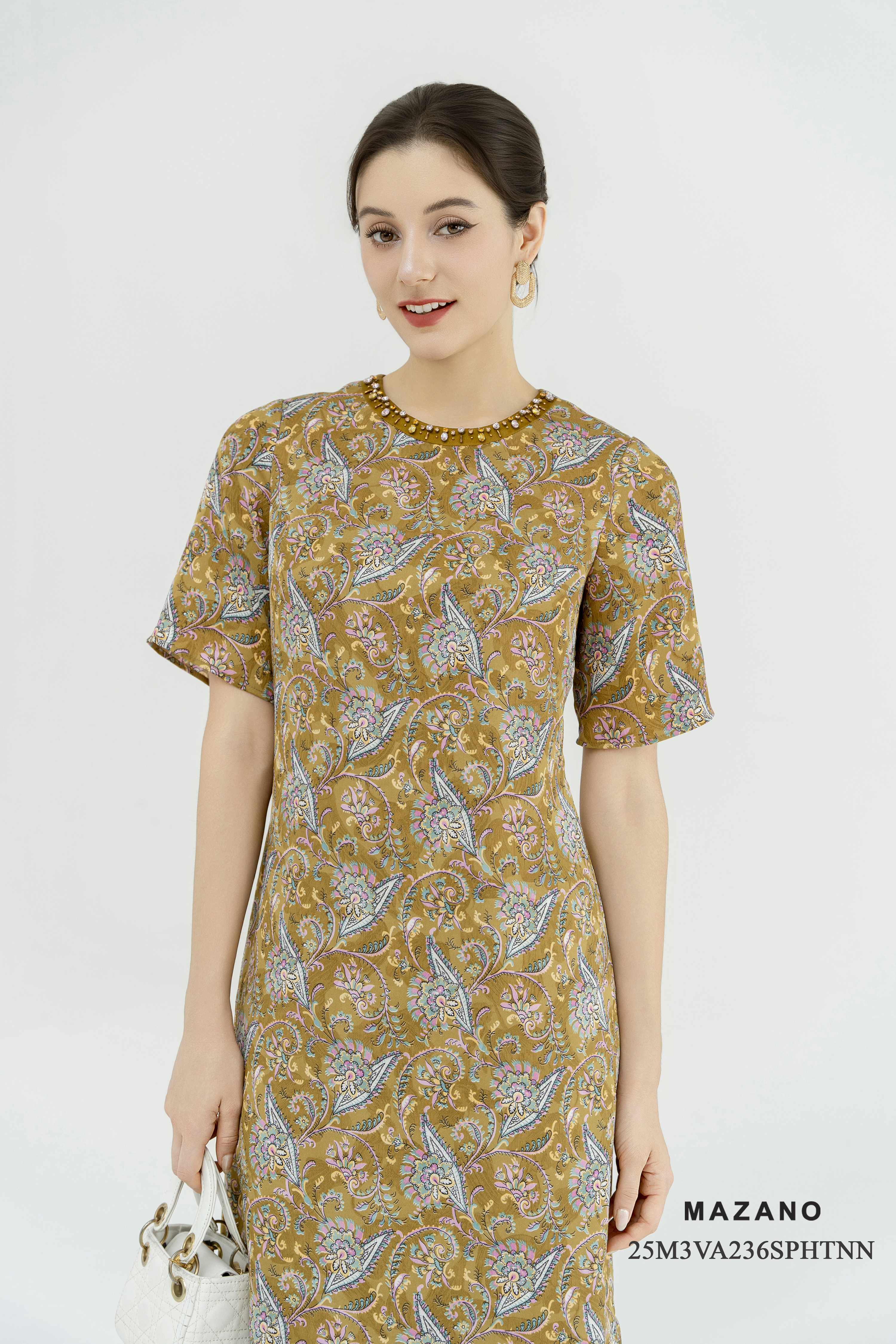 Váy đầm suông Vải voan lụa In họa tiết hoa sang trọng Cổ tròn Đính đá trang trí Tay ngắn Dài trên mắt cá chân_thumbnail_2