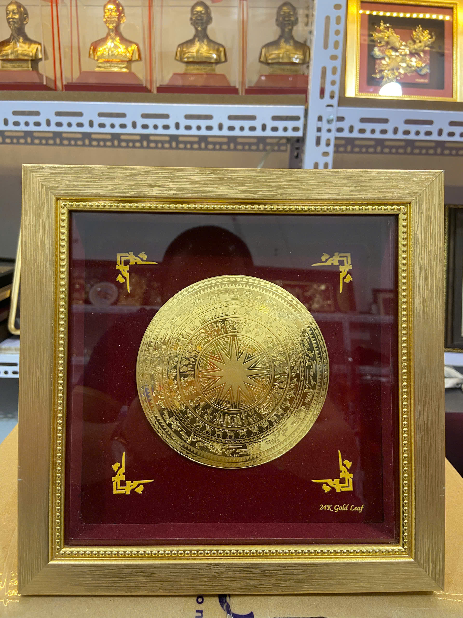 Mặt trống đồng quà tặng mạ vàng 24k KT 24 X 24 CM 