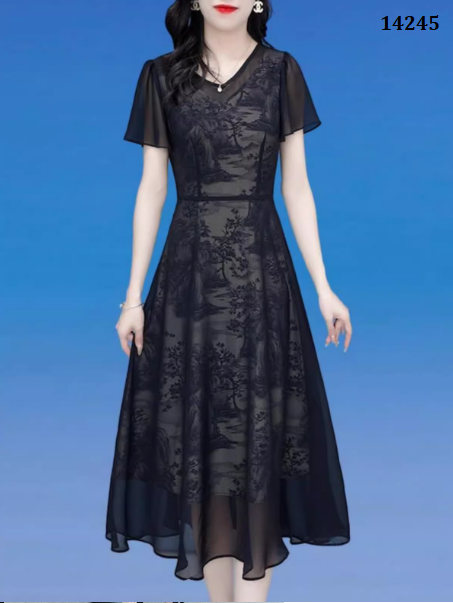 14245-Đầm xòe  voan lưới họa tiết  3D ( voan lưới, lụa in)_thumbnail_0
