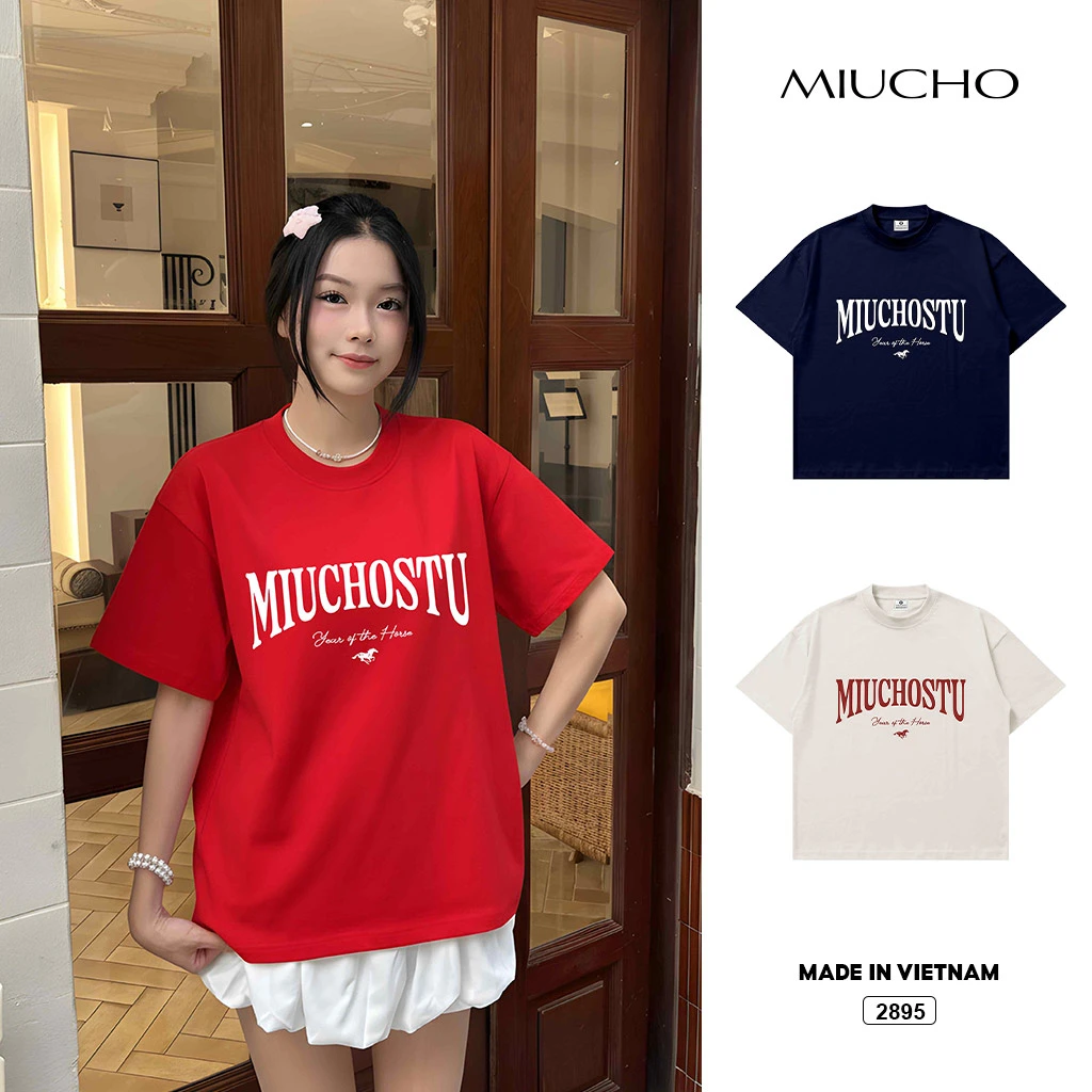 Áo thun boxy Miucho vải dày dặn thoáng mát chuẩn form chữ basic phối hình ngựa in mix 2895