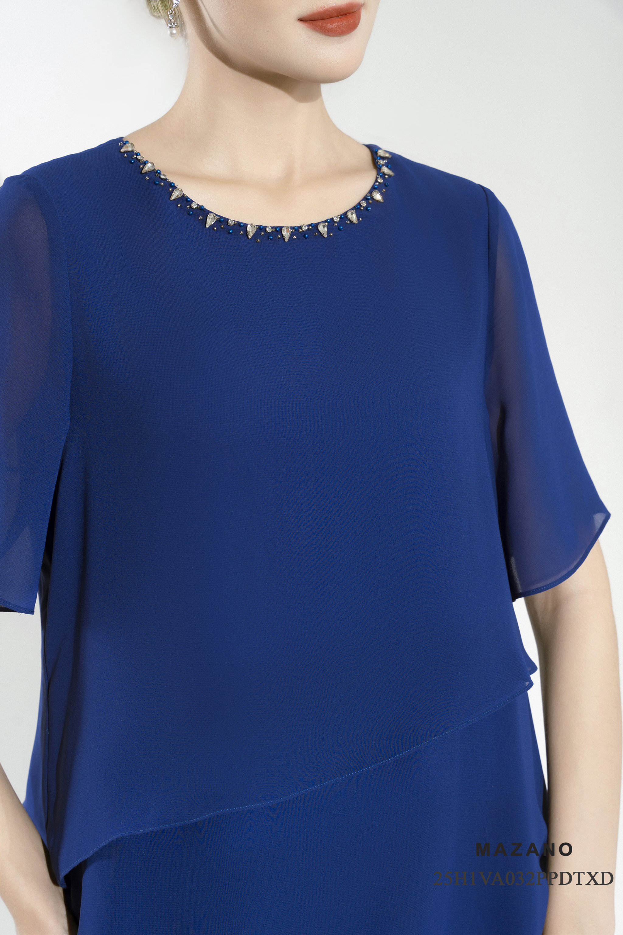 Váy Đầm suông A layer Vải voan mỏng Đính trang trí Cổ tròn Tay ngắn Dài váy đến bắp chân_thumbnail_4