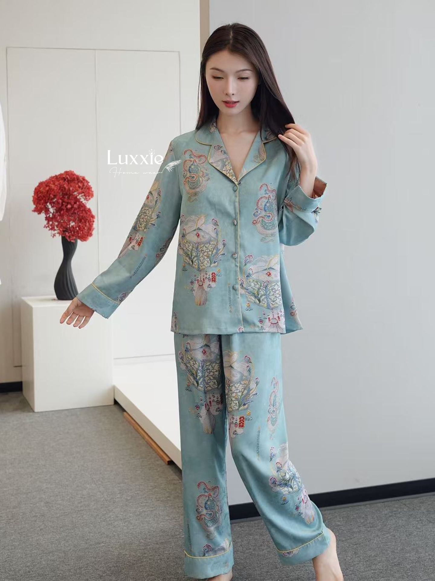 N135 Pijjama lụa xanh họa tiết chim công cổ xưa_thumbnail_4