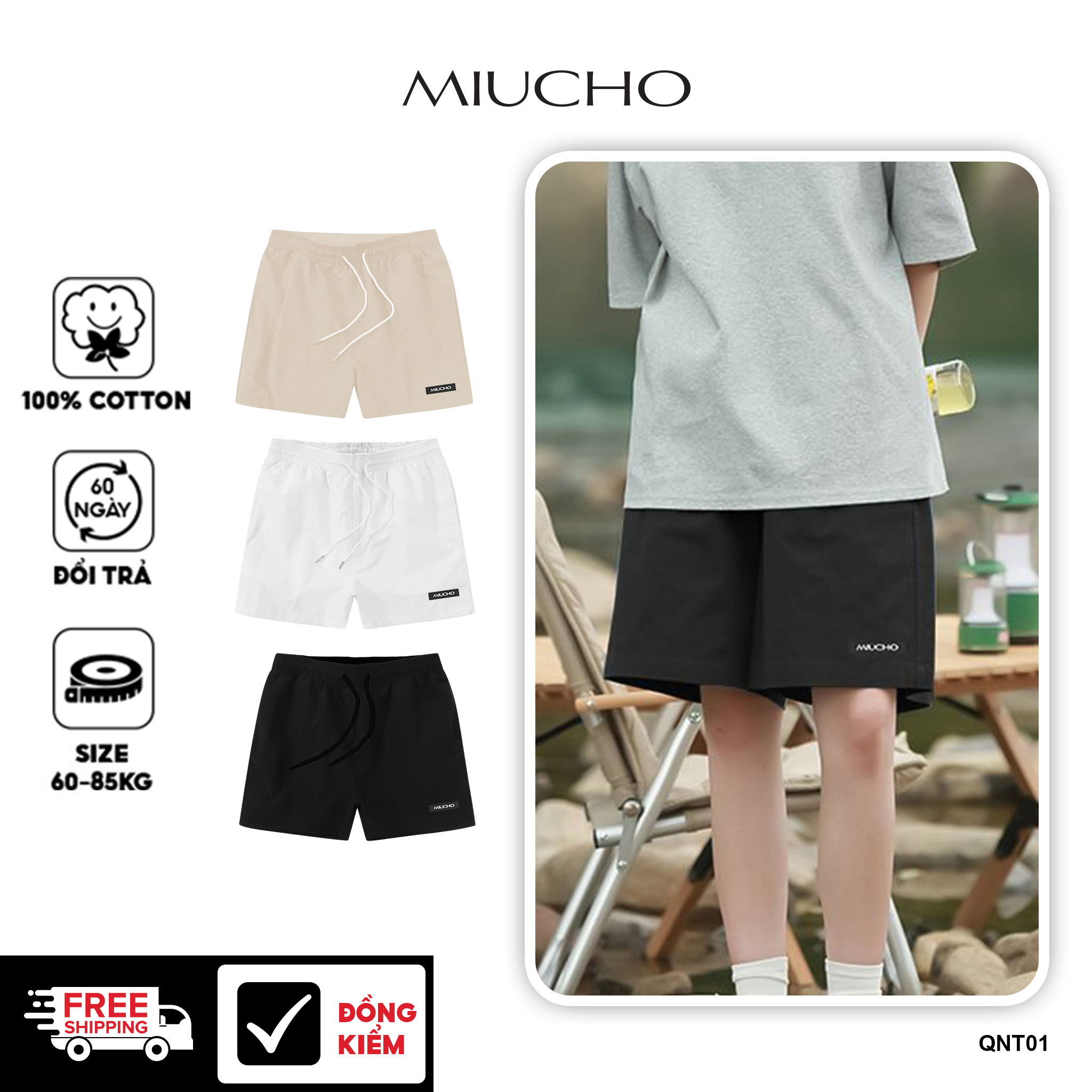 Quần đùi nam nữ, quần short Unisex trơn có logo chất kaki QNT01 Miucho basic