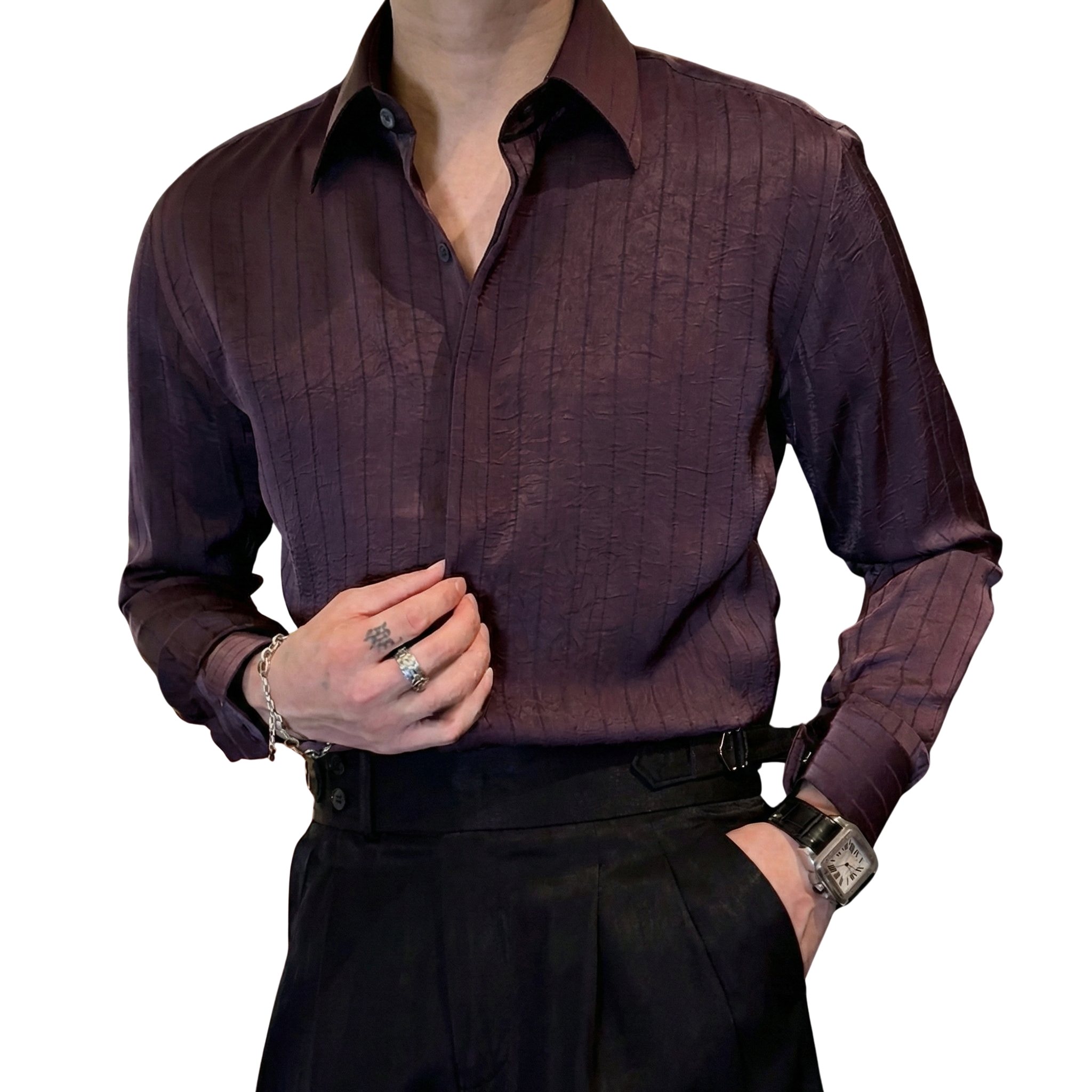 Sơ Mi Sọc Lụa Chìm Cổ Dấu Khuy