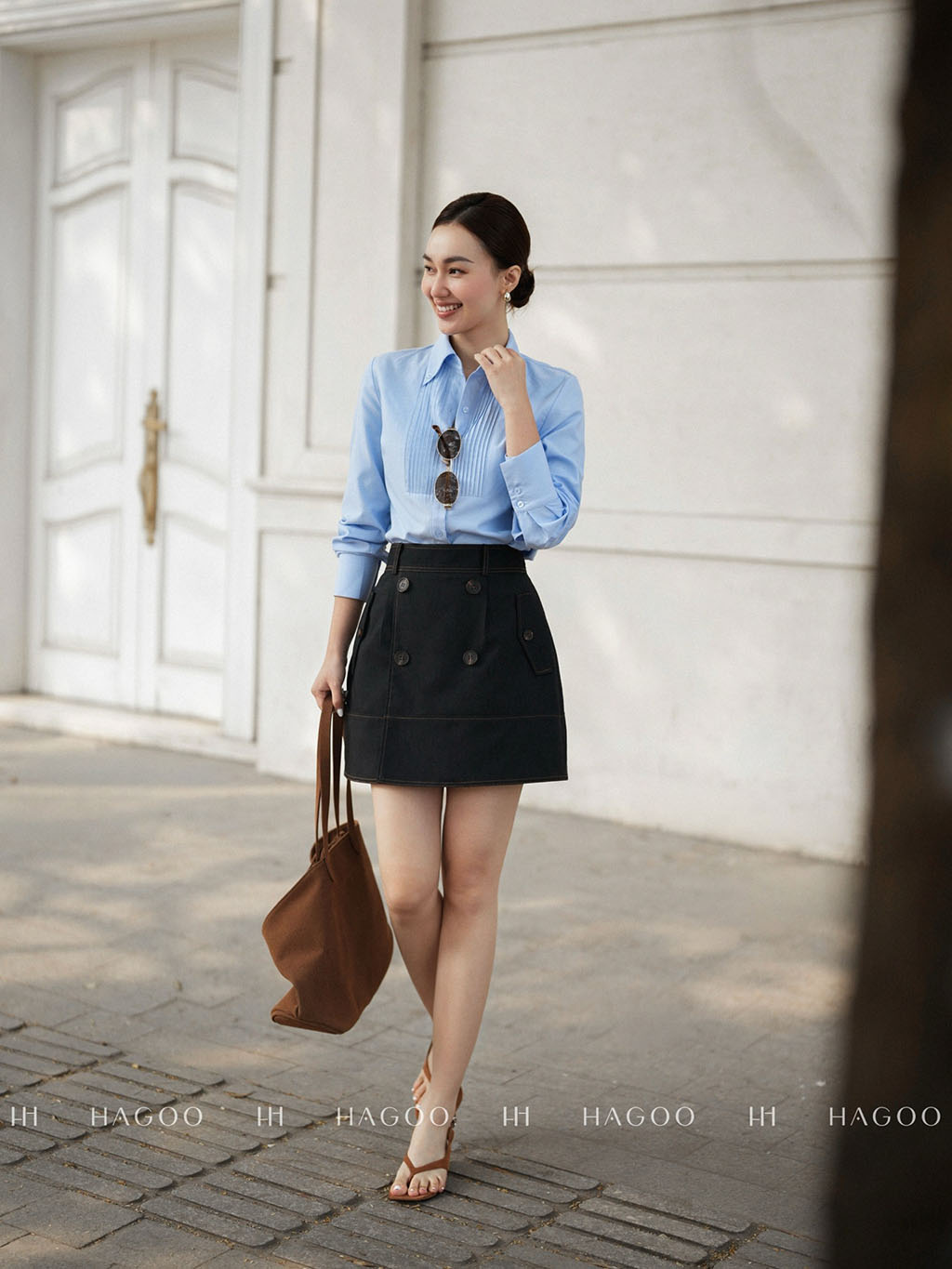 Áo sơ mi cổ đức bổ cầu ngực bấm mí HAGOO