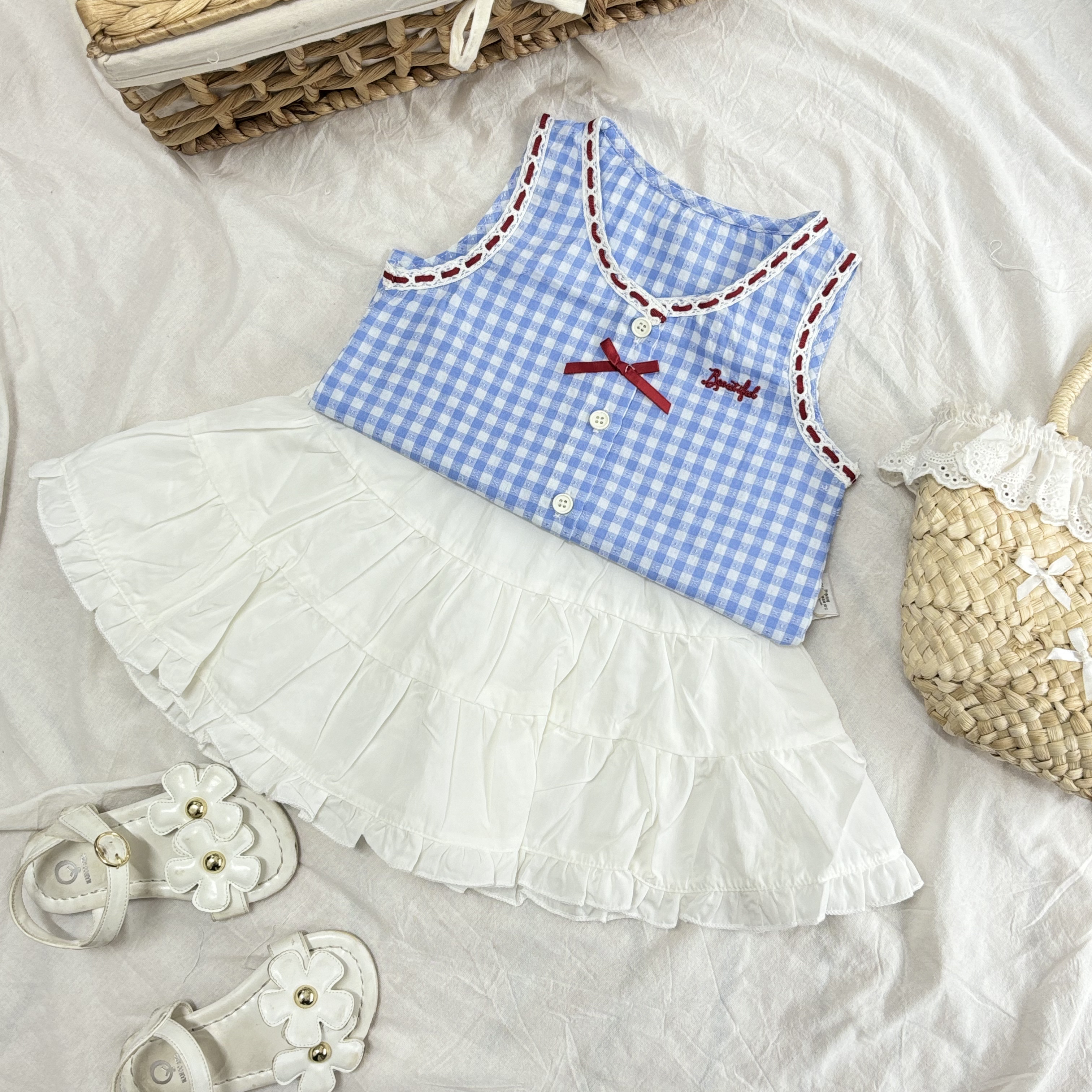 (S37) Set thô áo ba lôc kẻ caro xanh kèm chân váy xoè_thumbnail_0