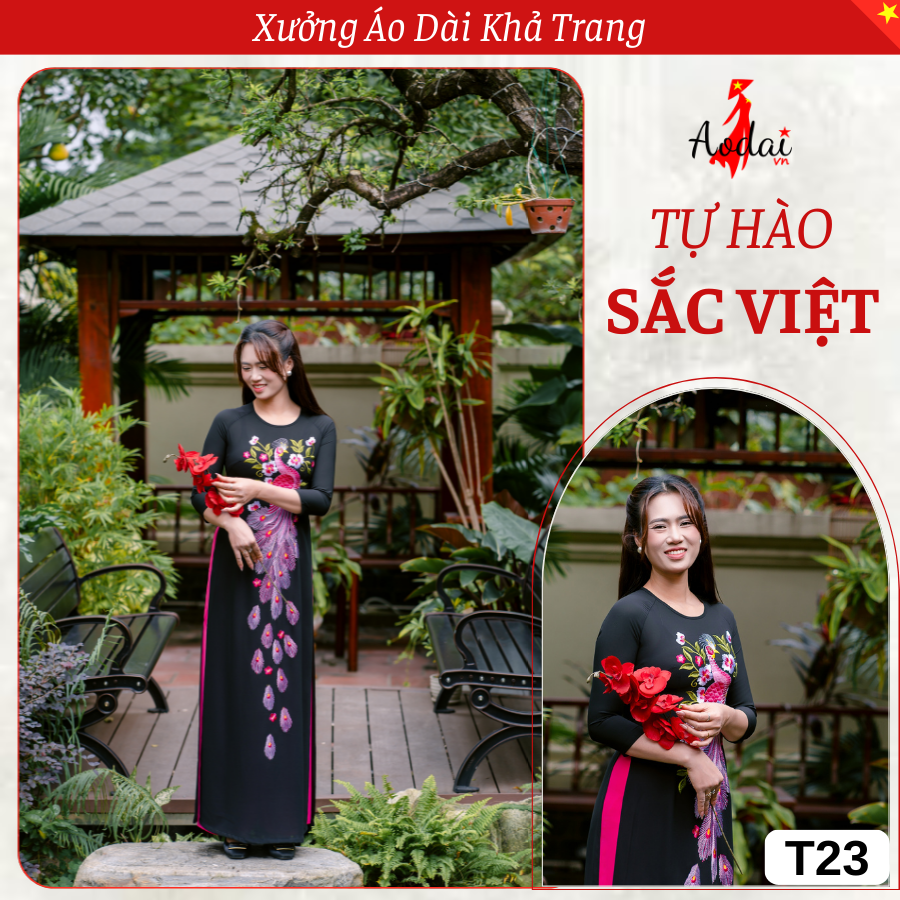 T23 Áo Dài Màu Đen Thêu Công Hồng Sen Cổ Tròn Tay Lỡ_thumbnail_5