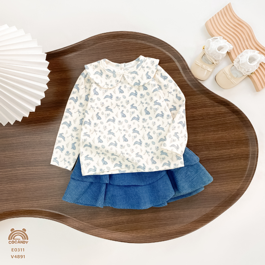 Áo dài BE họa tiết thỏ xanh dương cổ sen