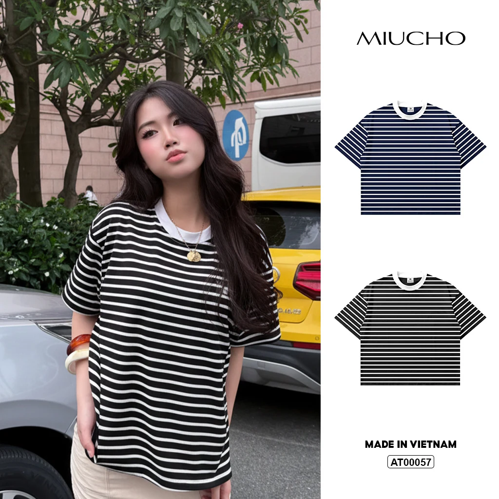 Áo thun form boxy Miucho vải thun rib thoáng mát tay dài cổ tròn kẻ sọc mix màu AT00057