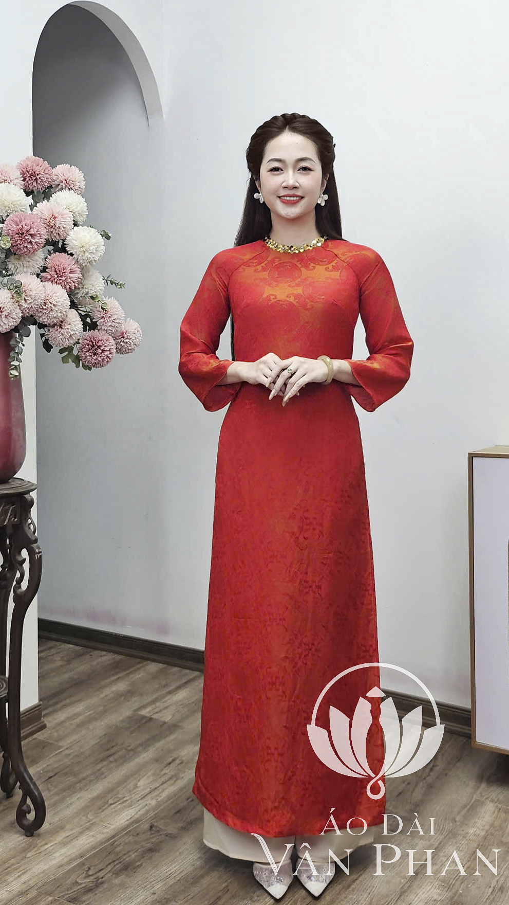 CT352 áo dài cách tân cổ khít tay loe dài tơ tằm tencel cam_thumbnail_2