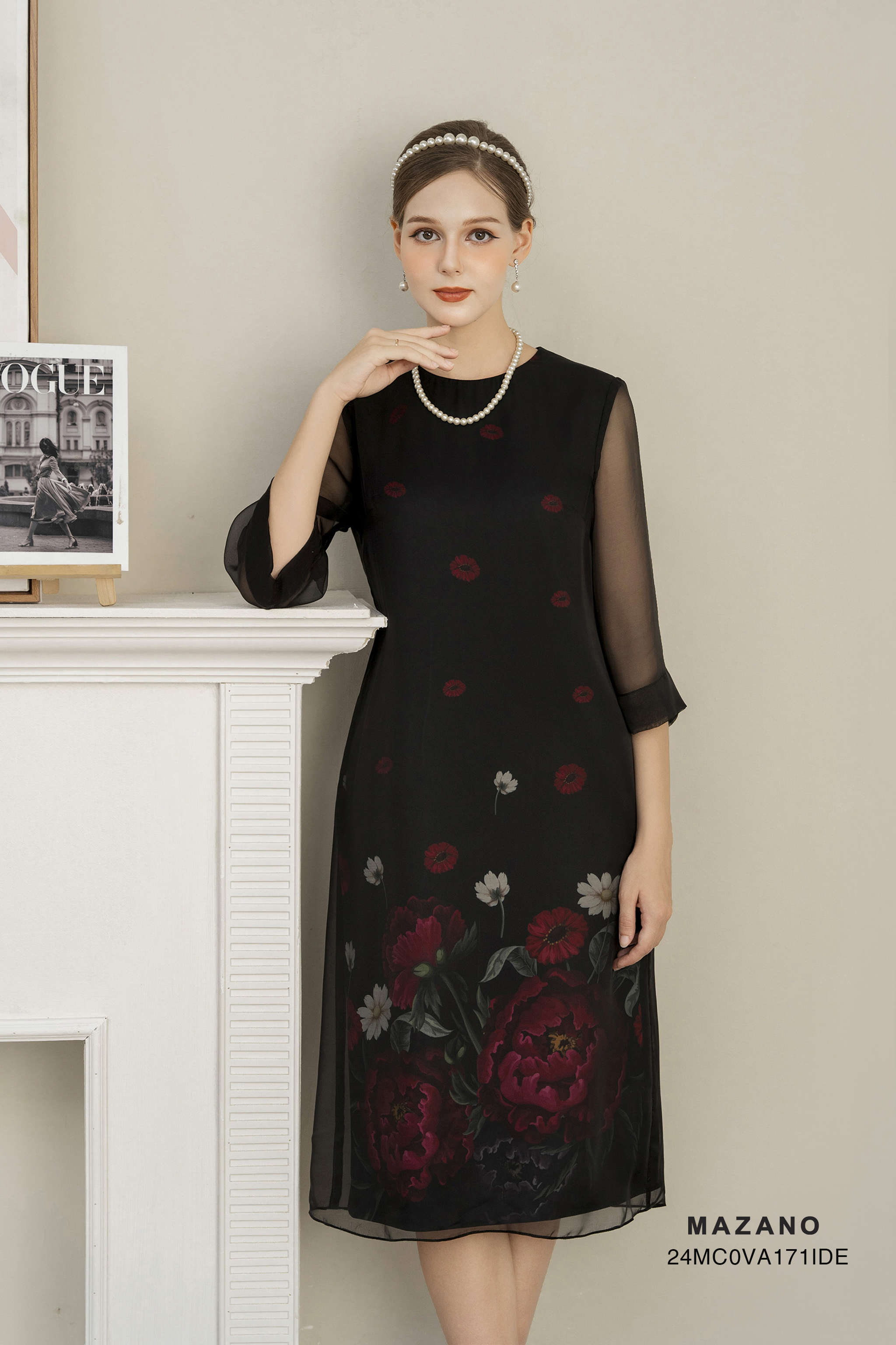 Đầm suông Voan tơ phủ trên vải thô Họa tiết Hoa cách điệu cổ tròn vừa tay lỡ Dài qua gối_thumbnail_4