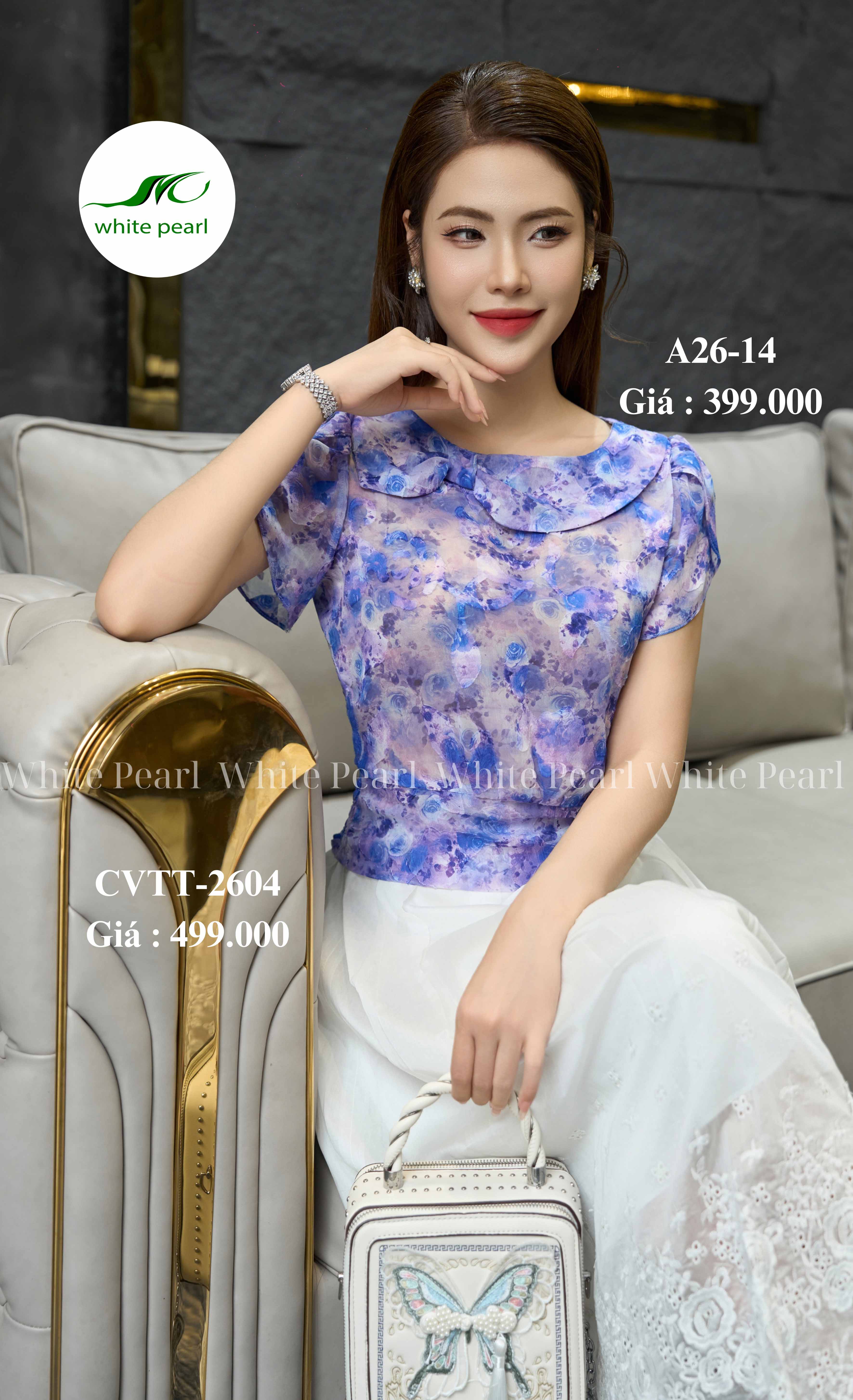 Áo bo chun tay cánh sen họa tiết hoa tím thời trang công sở nữ White Pearl