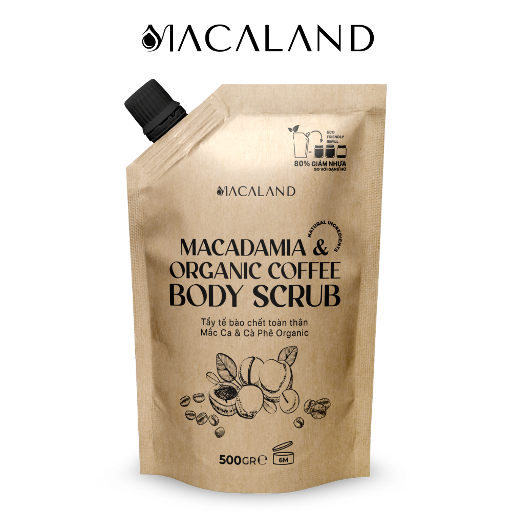 Túi Tẩy Tế Bào Chết Body Cà Phê Organic – Mắc Ca Macaland 500g Dưỡng Ẩm, Chăm Da Sáng Mịn