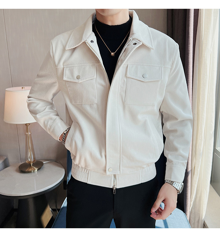 Áo jacket vải nhung nam dày thu đông áo jacket mẫu ngắn ôm dáng nhung sọc ve áo đơn giản áo khoác nam khí chất_thumbnail_2