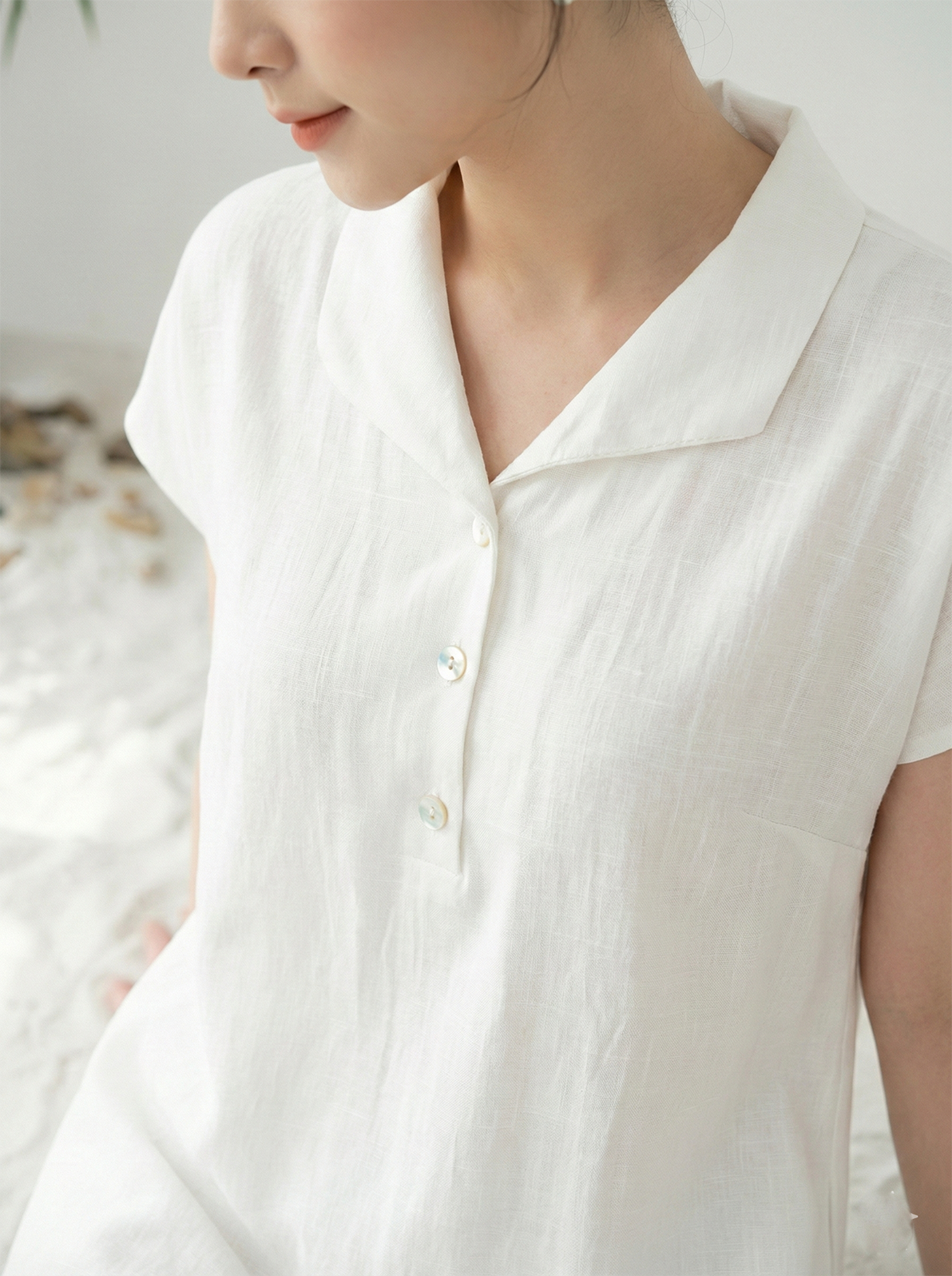 Đầm maxi vải linen trắng dáng suông cố bẻ tay ngắn thiết kế MAZANO_thumbnail_4