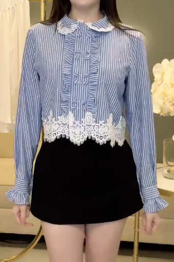 Sơ Mi Sọc Xanh Phối Viền Ren