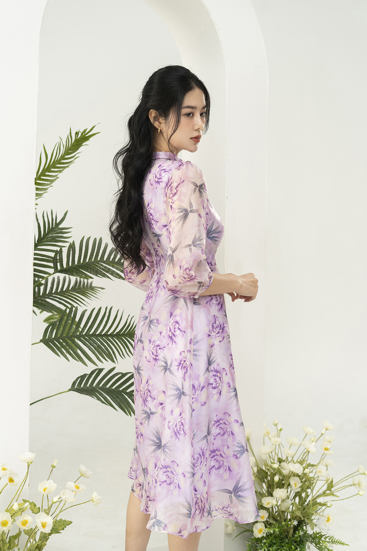 Đầm công sở dáng xòe tơ ngọc trai hoa tím D3002_thumbnail_2