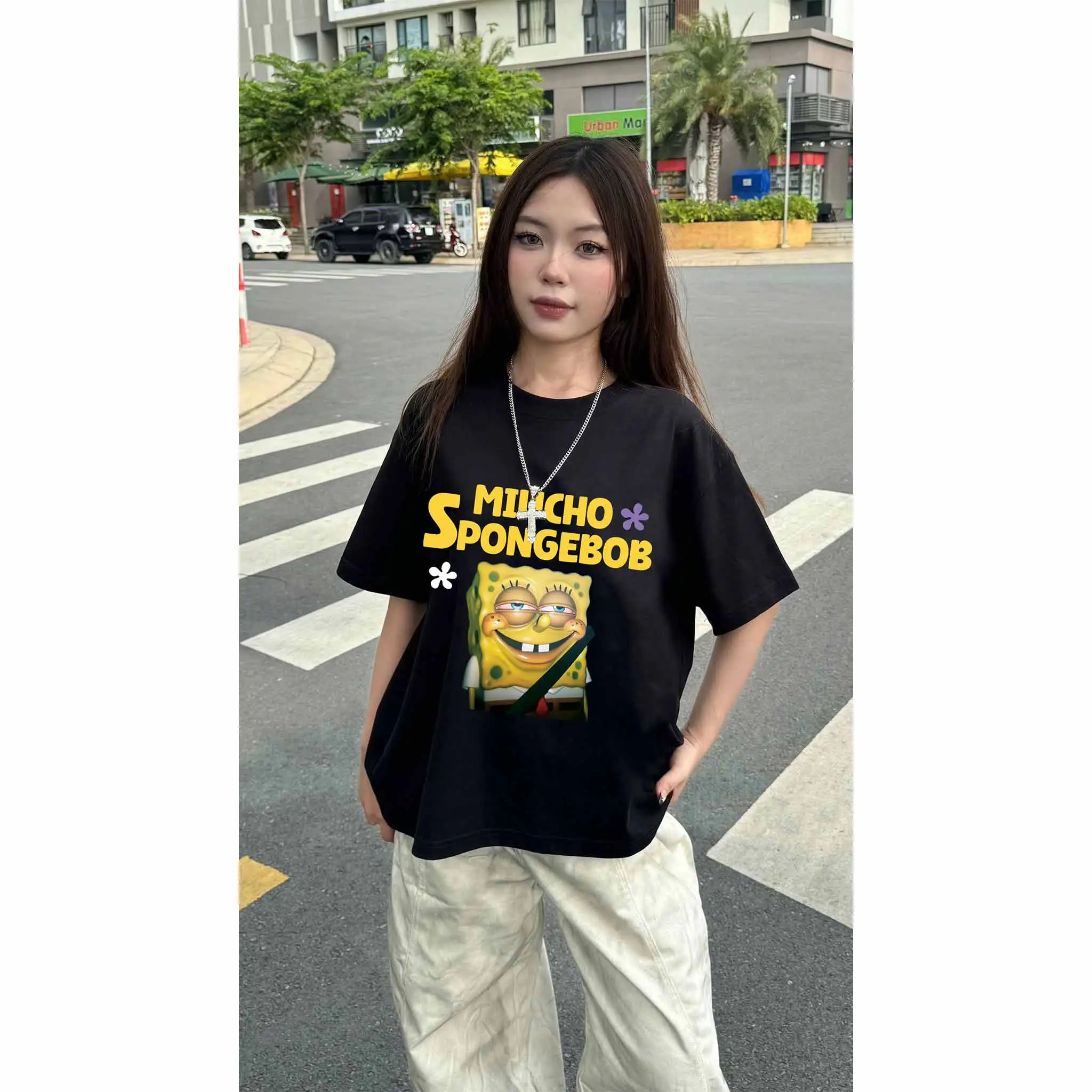 Áo thun boxy nam nữ Miucho Club vải cotton thoáng mát Spongebob in mix dễ thương 2827_thumbnail_8