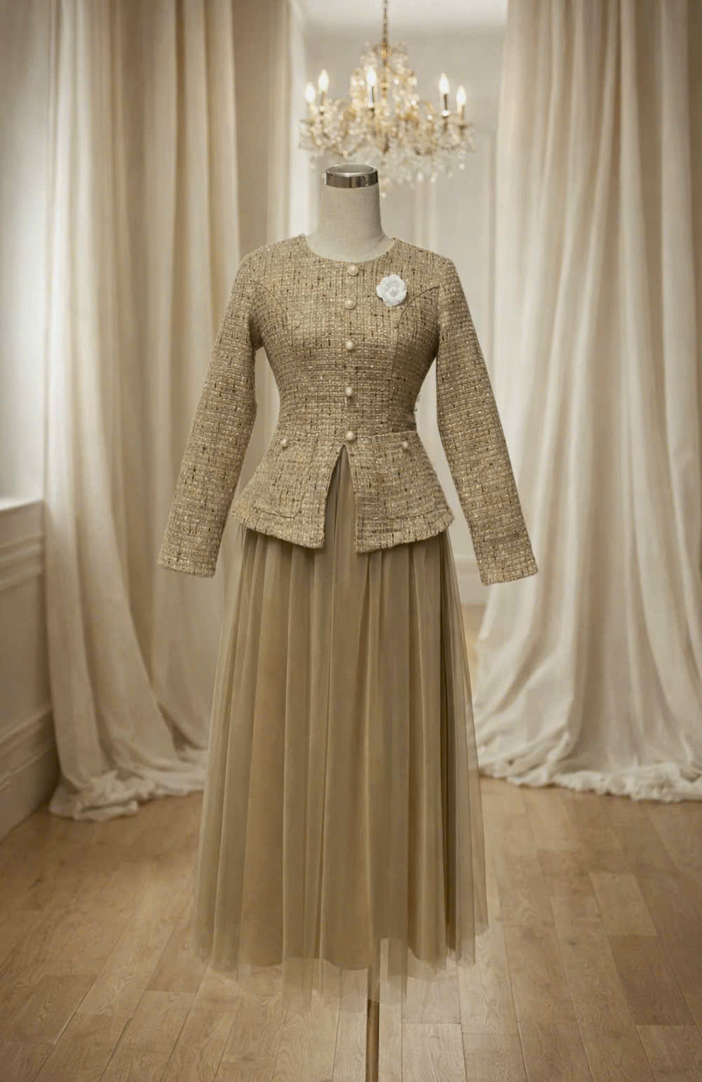 Đầm liền thân giả set dạ nâu phối ren lưới DL386_thumbnail_3