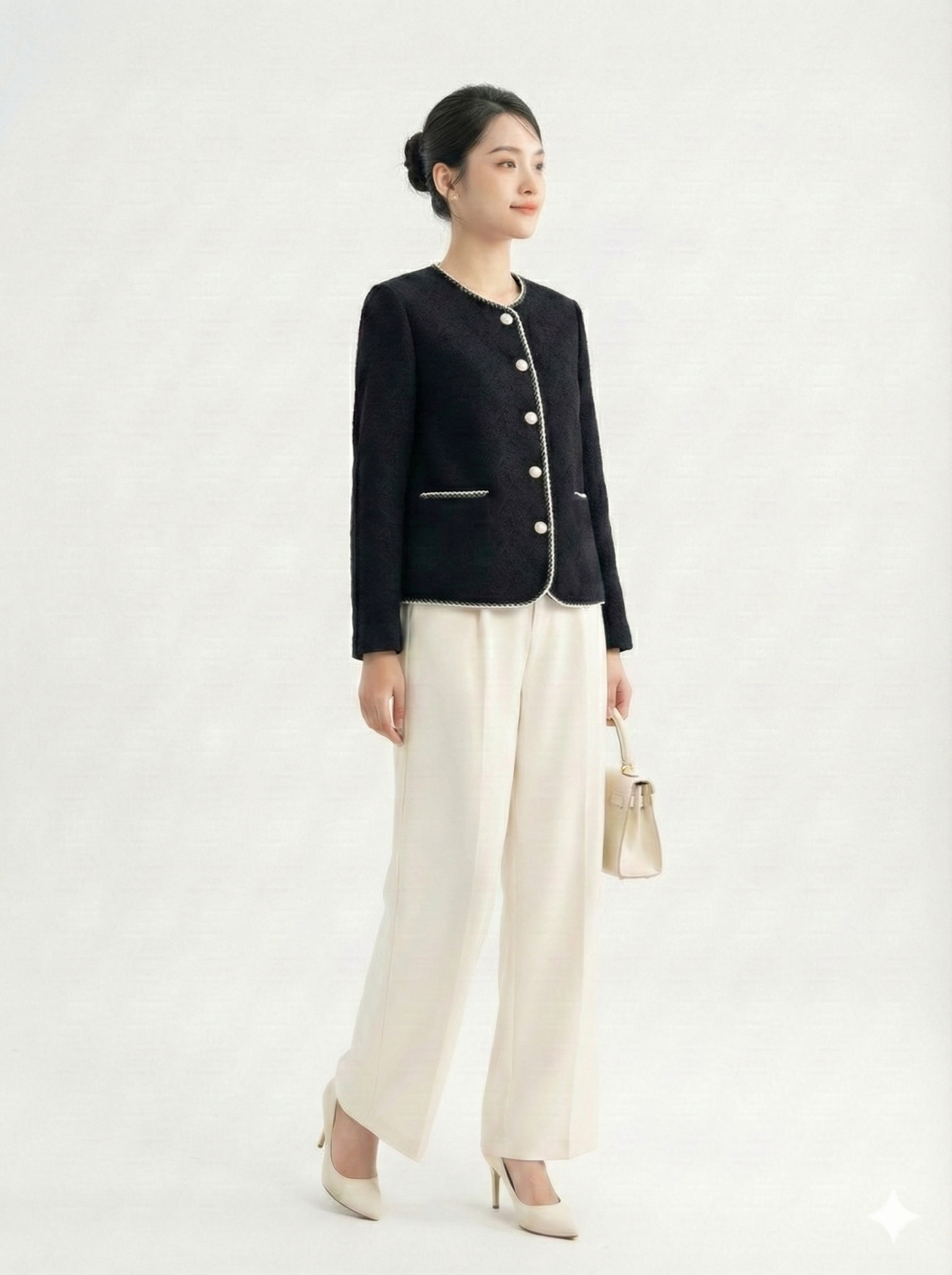 Áo khoác ngắn Suông Vải ren len Cổ tròn kẹp dây  trang tri  Dài dưới eo_thumbnail_3