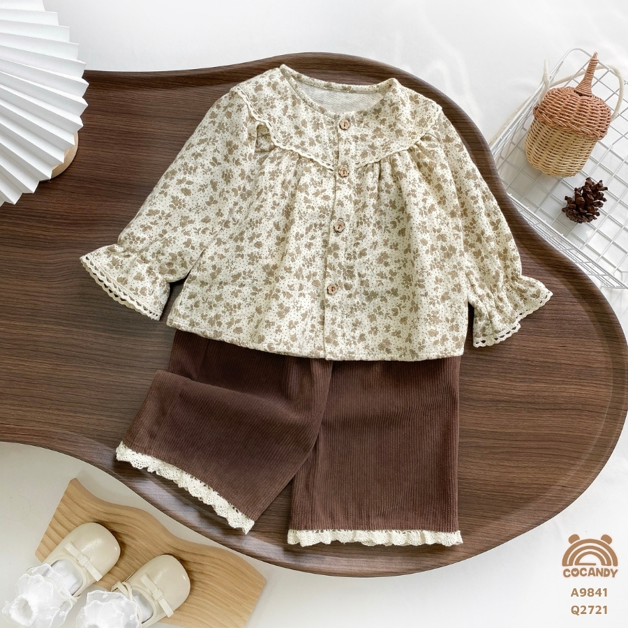 Áo dài hoa nhí NÂU BE tay loe