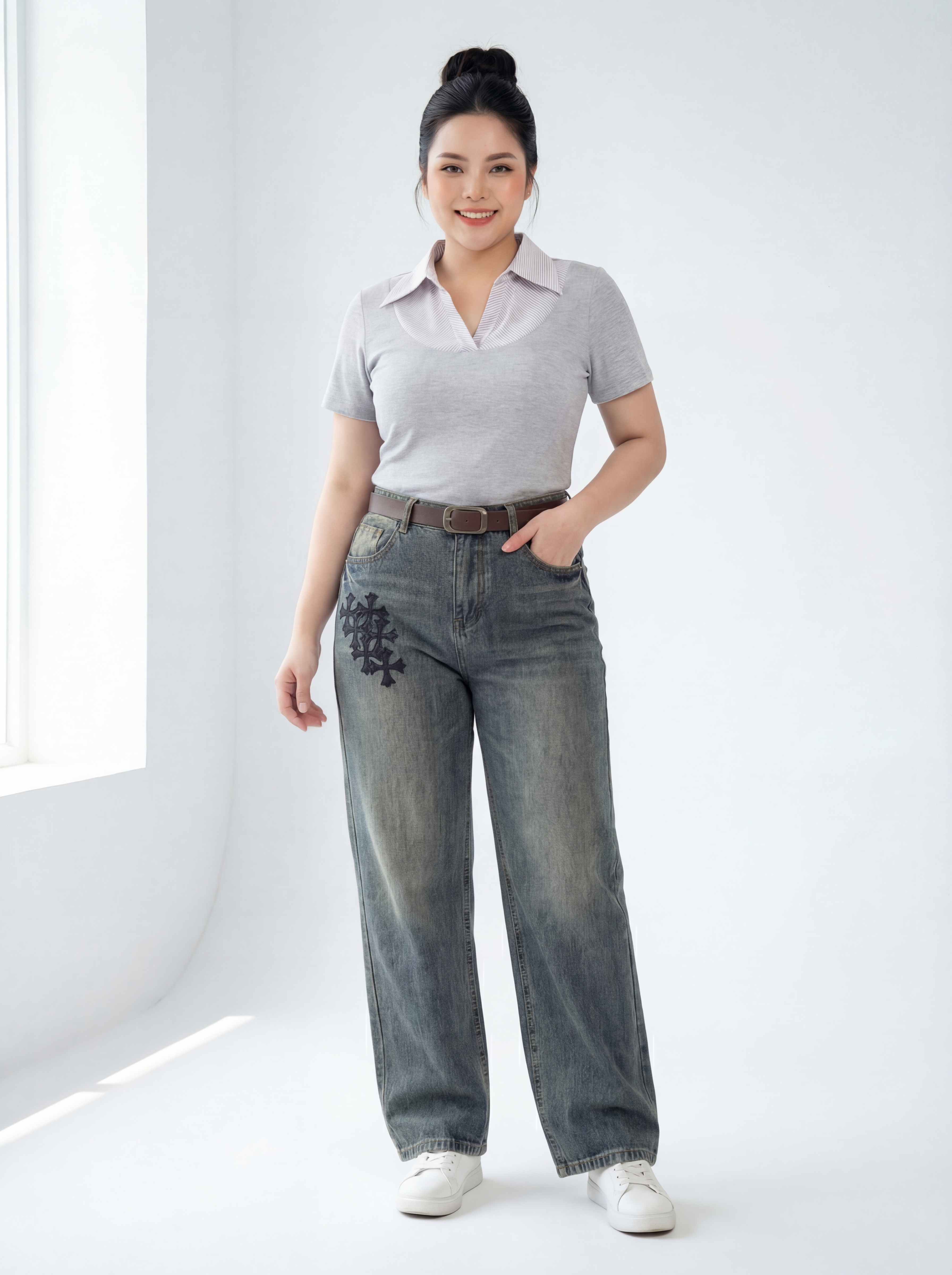 BIGSIZE NỮ - Quần jean suông thêu T-QJ617