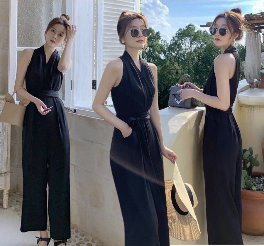 Jumpsuit thiết kế kiểu cổ yếm cột eo cá tính