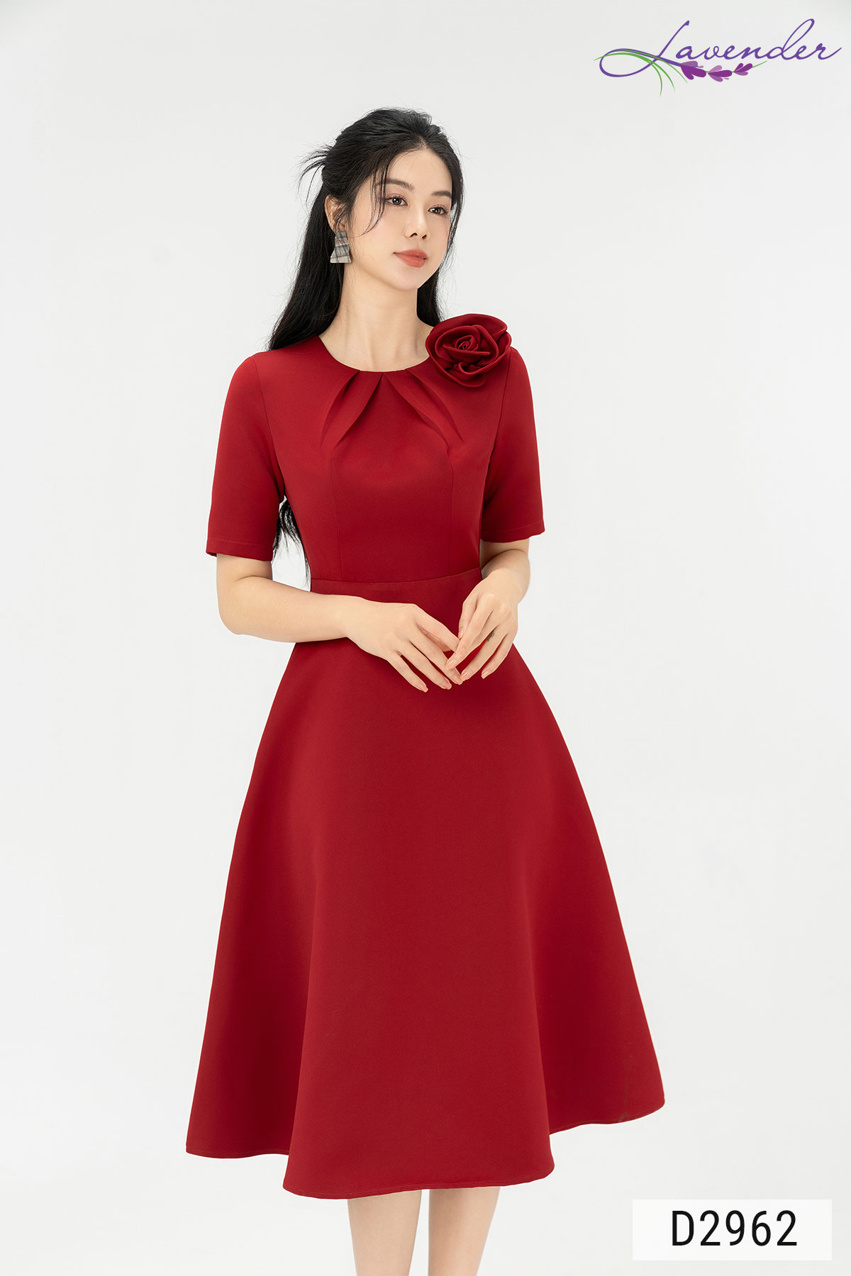 Đầm xòe tafta công sở Thời trang Lavender đỏ tay lỡ phối hoa vai D2962
