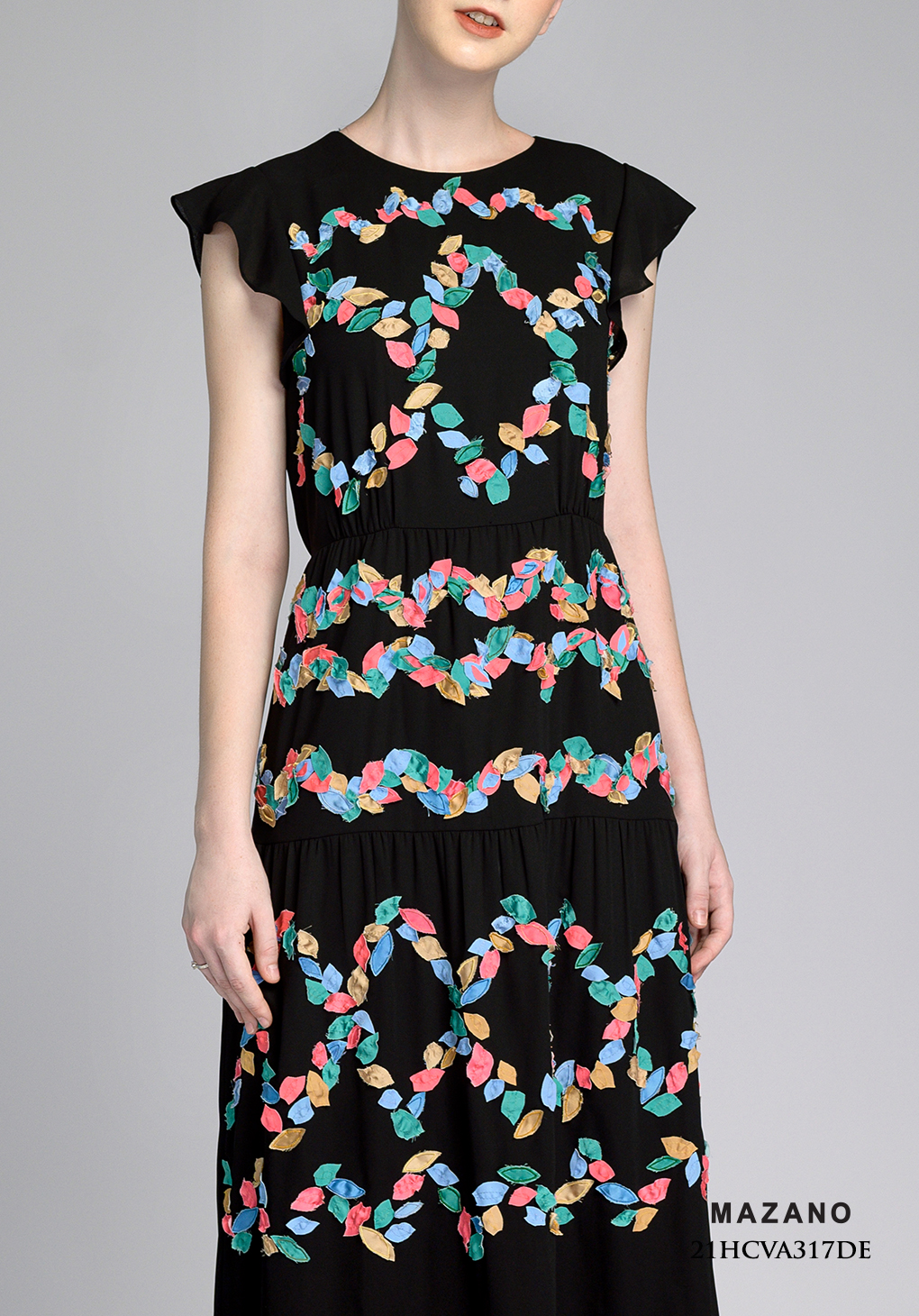 Váy Đầm suông Vải Voan Sạn Đính đắp họa tiết Cổ tròn Tay bèo ngắn Dài dưới bắp chân_thumbnail_5