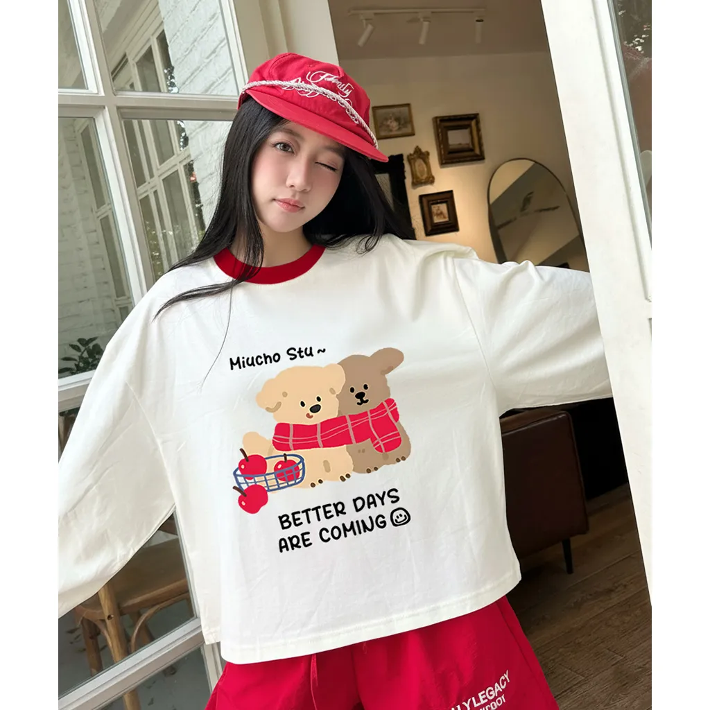Áo thun boxy nam nữ Miucho vải thoáng mát dày dặn chuẩn form tay dài phối cổ Gấu Teddy in mix 2809_thumbnail_4